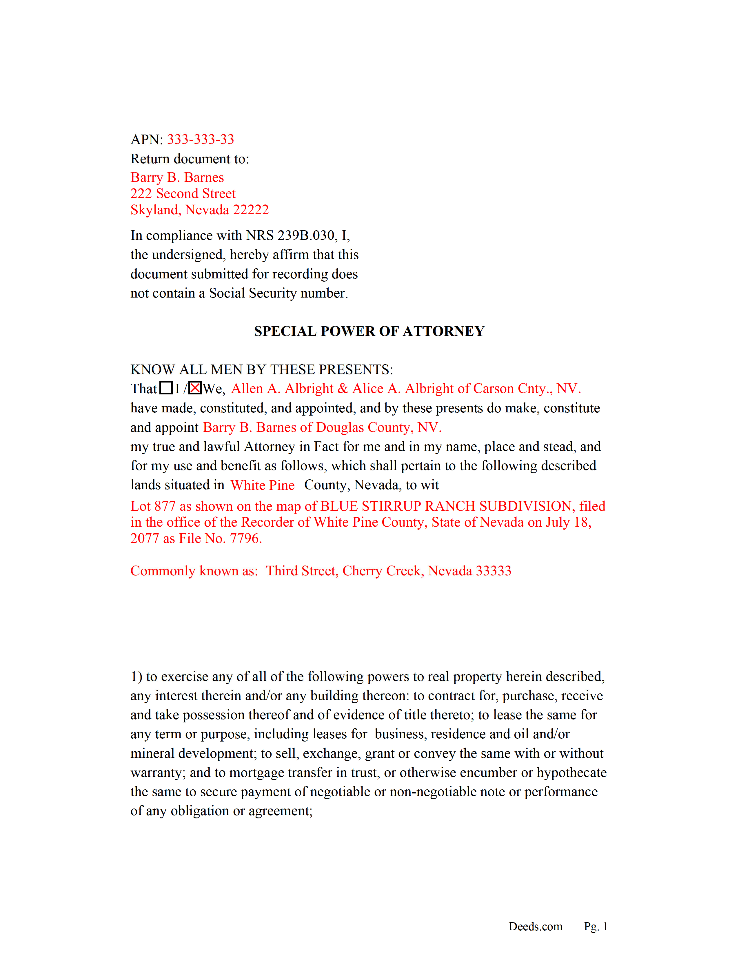 Nye County Completed Example of the Special Power of Attorney Document