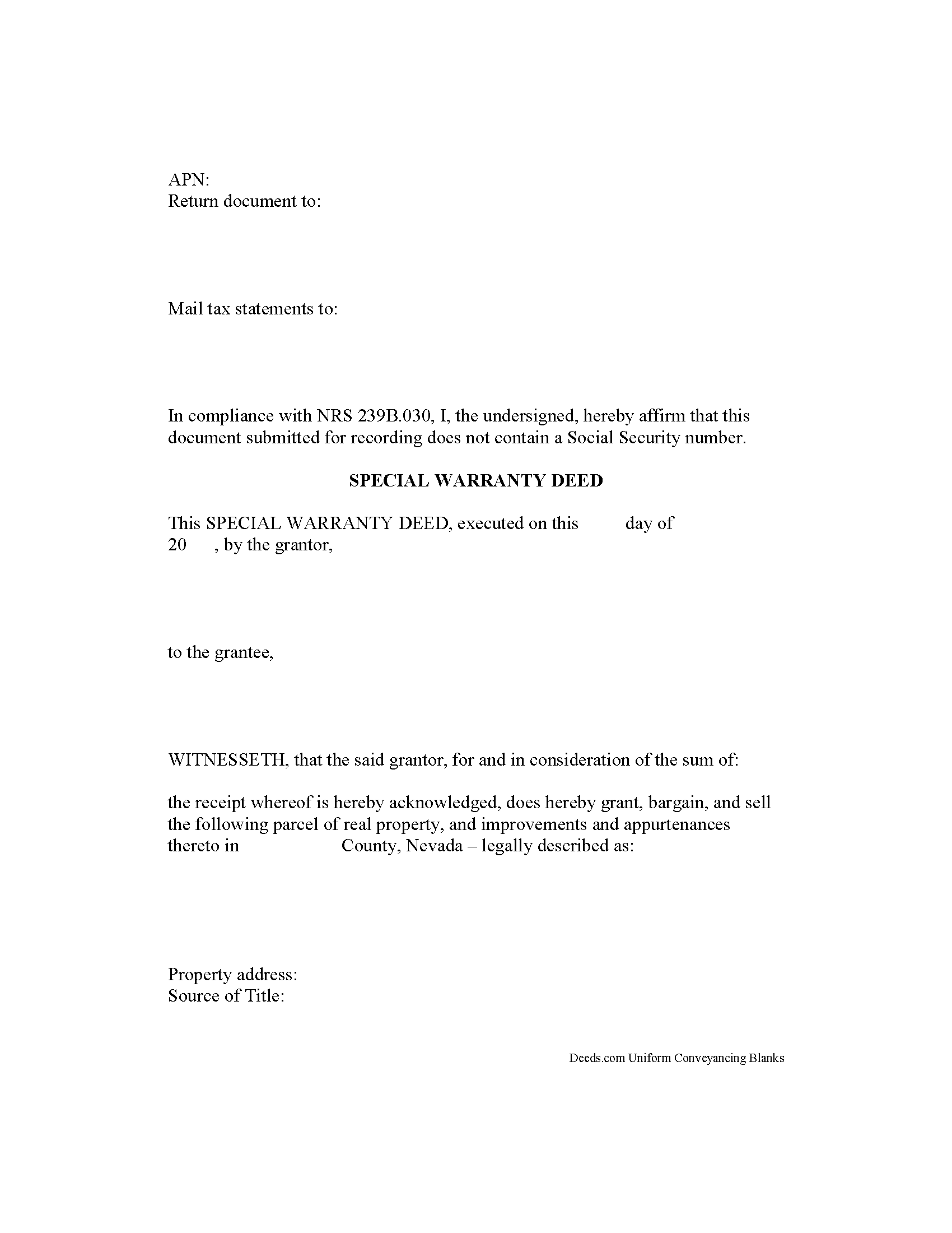 Nye County Special Warranty Deed Form