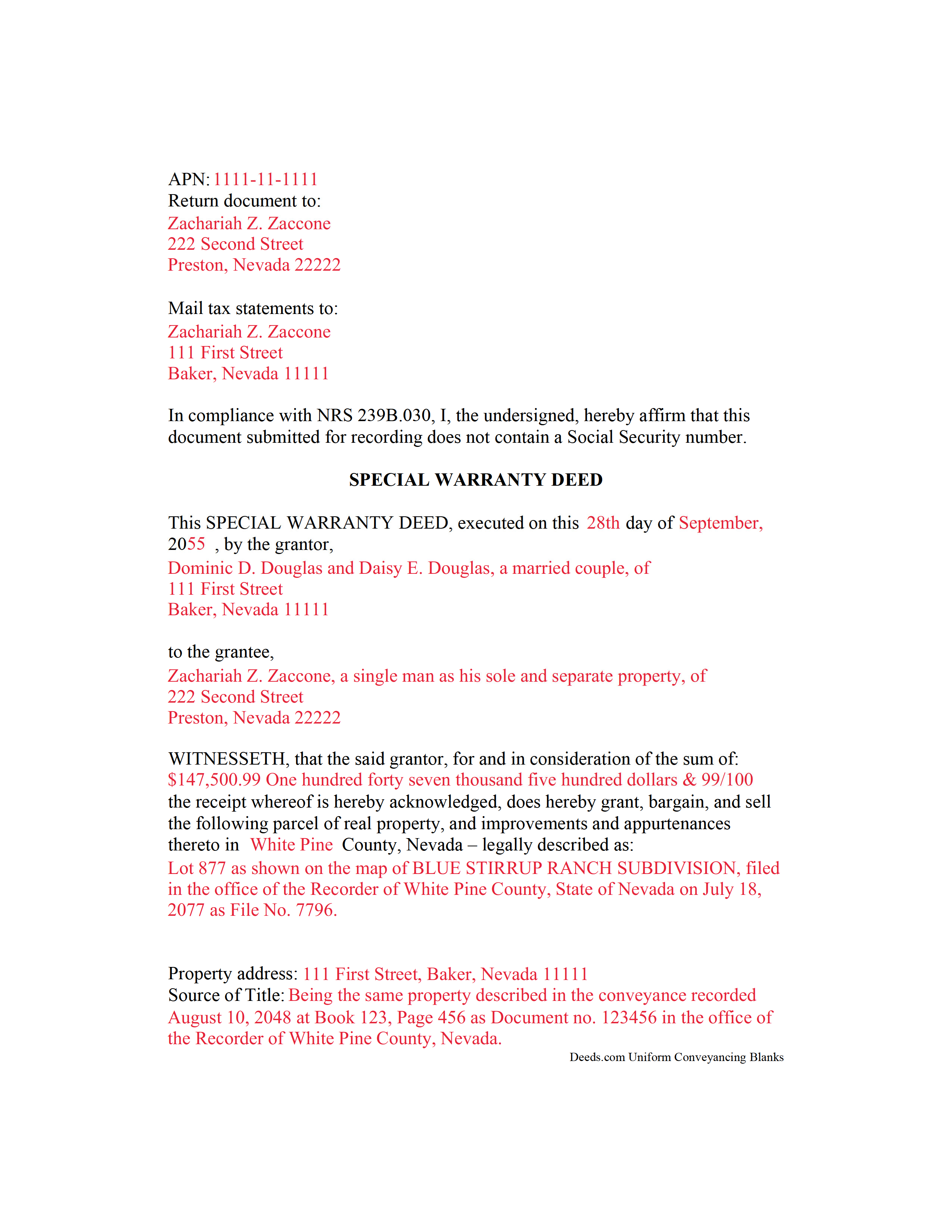 Nye County Completed Example of the Special Warranty Deed Document