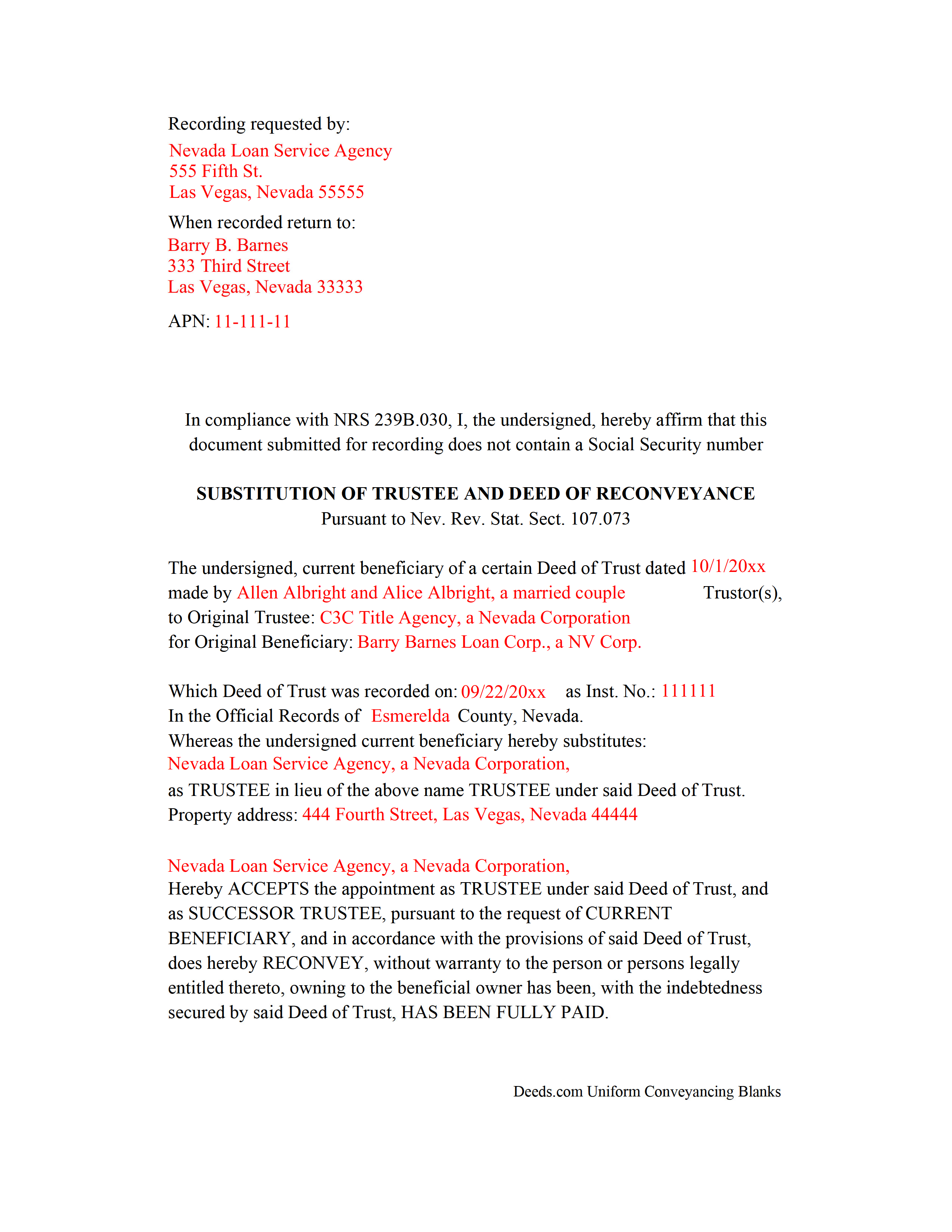 Nye County Completed Example of the Substitute and Reconveyance