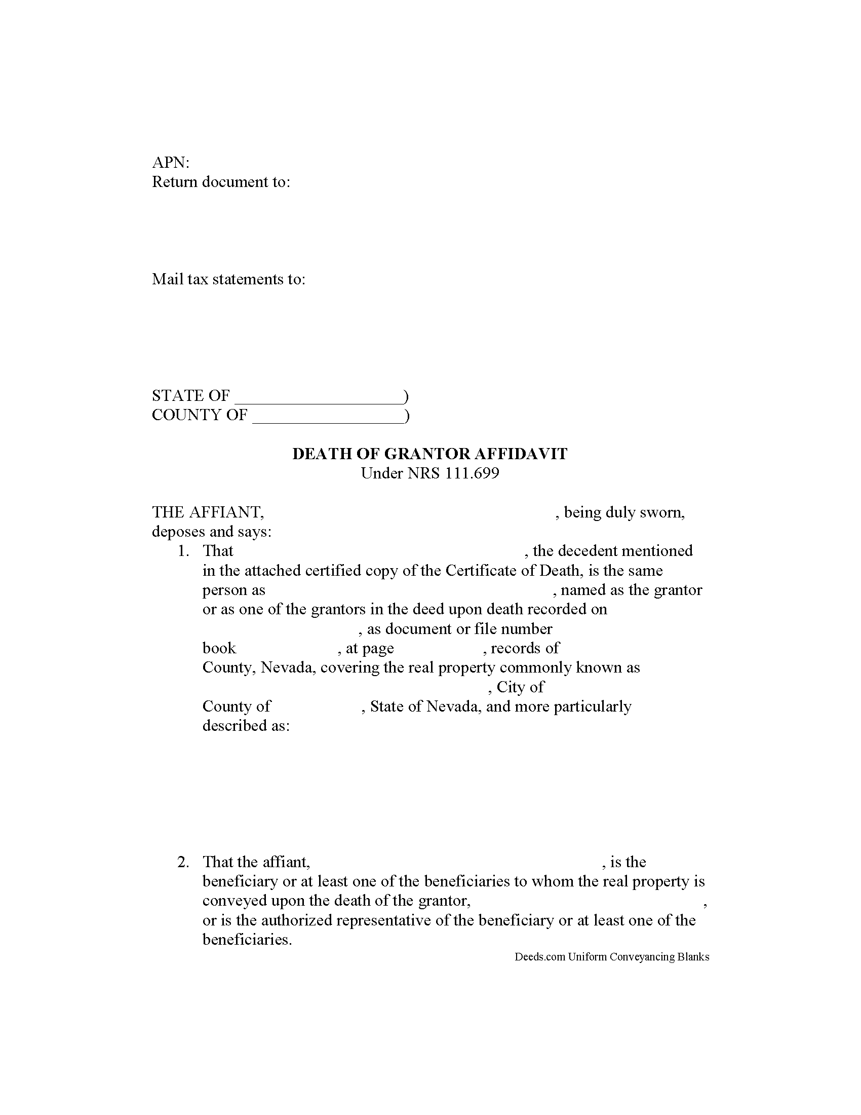 Eureka County Transfer on Death Affidavit Form