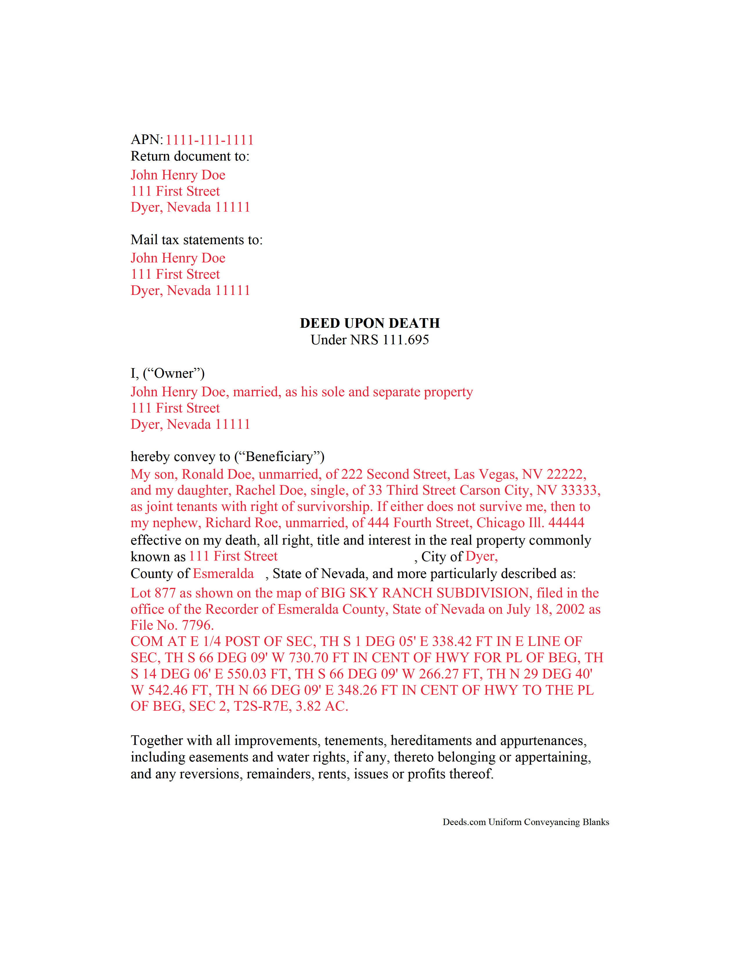 Nye County Completed Example of the Transfer on Death Deed Document