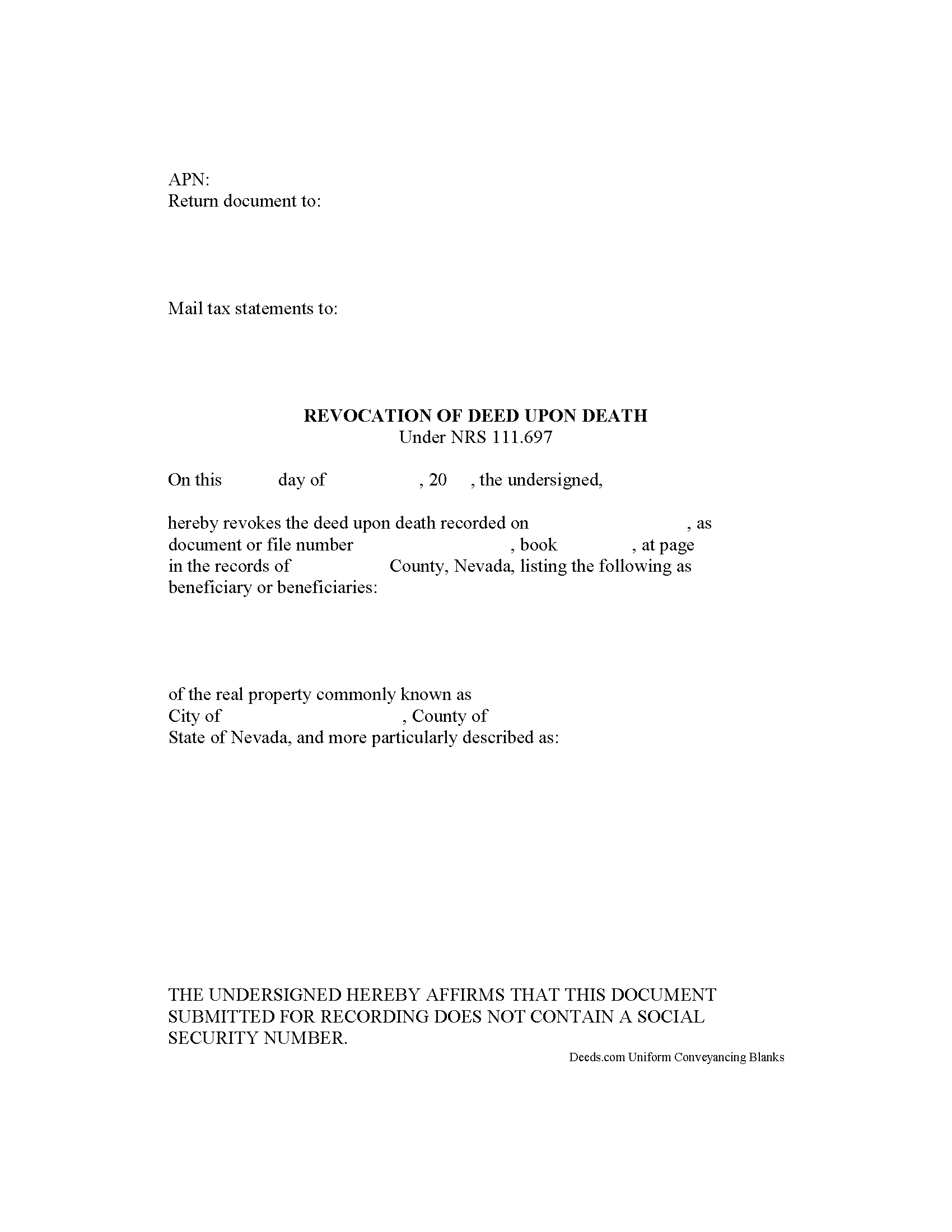 Nye County Transfer on Death Revocation Form