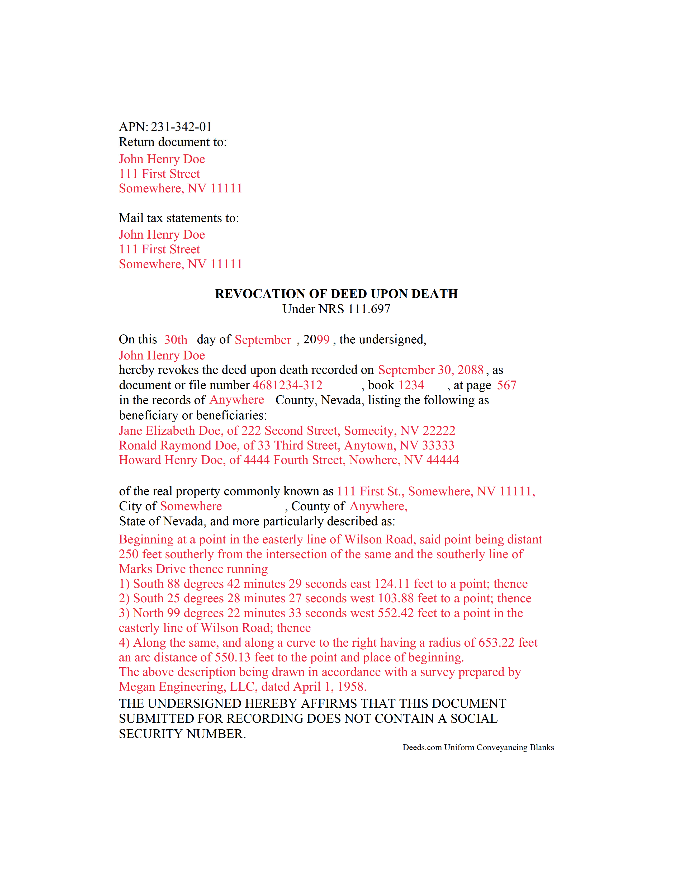 Nye County Completed Example of the Transfer on Death Revocation Document
