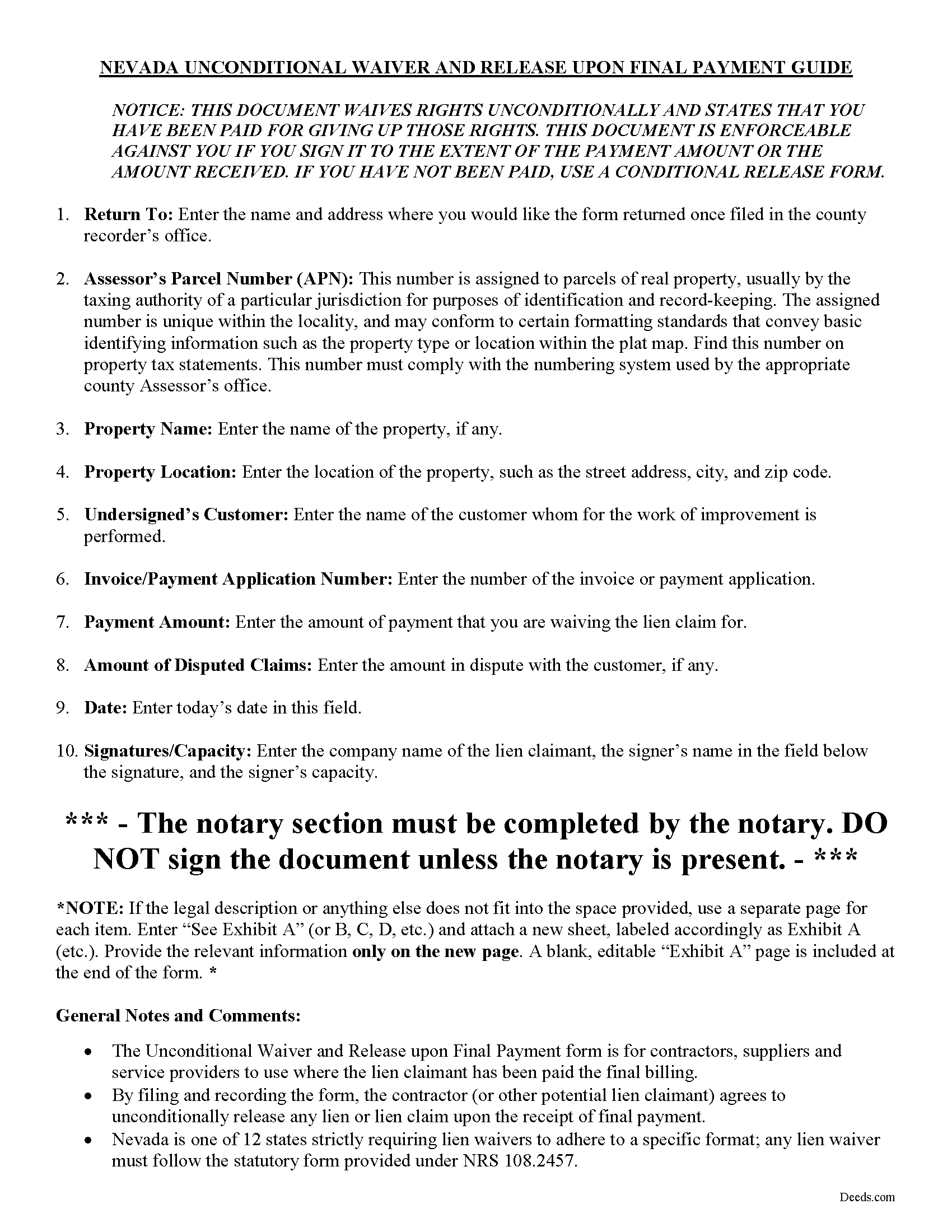 Nye County Unconditional Final Waiver of Lien Guide