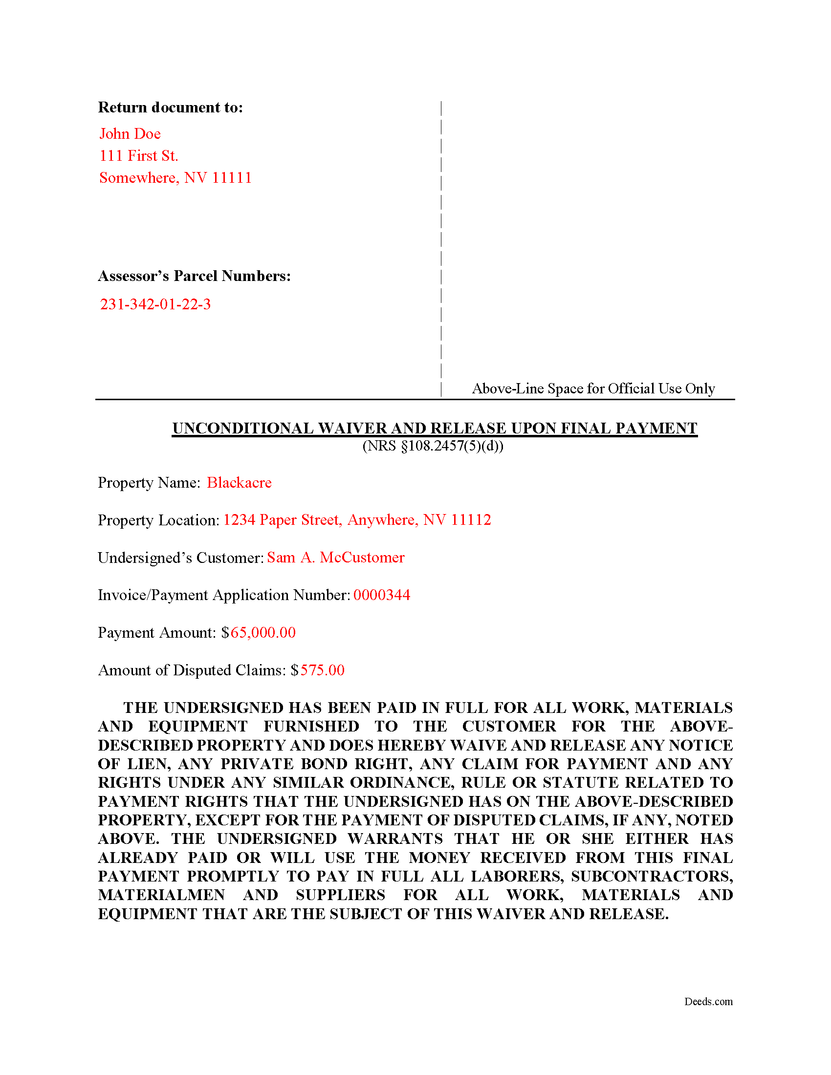 Completed Example of the Unconditional Final Waiver of Lien Document