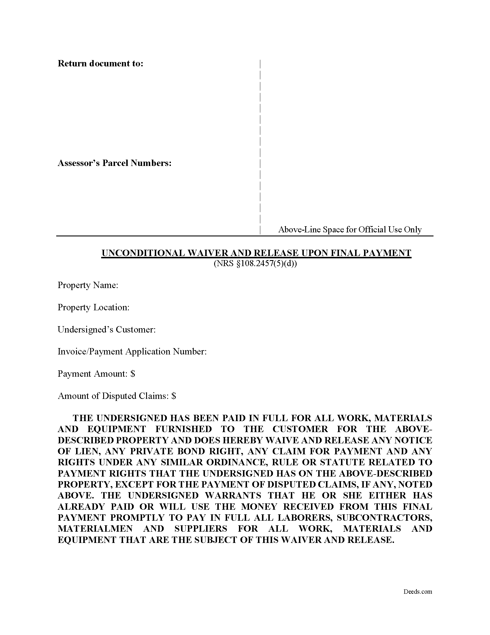 Nye County Unconditional Final Waiver of Lien Form
