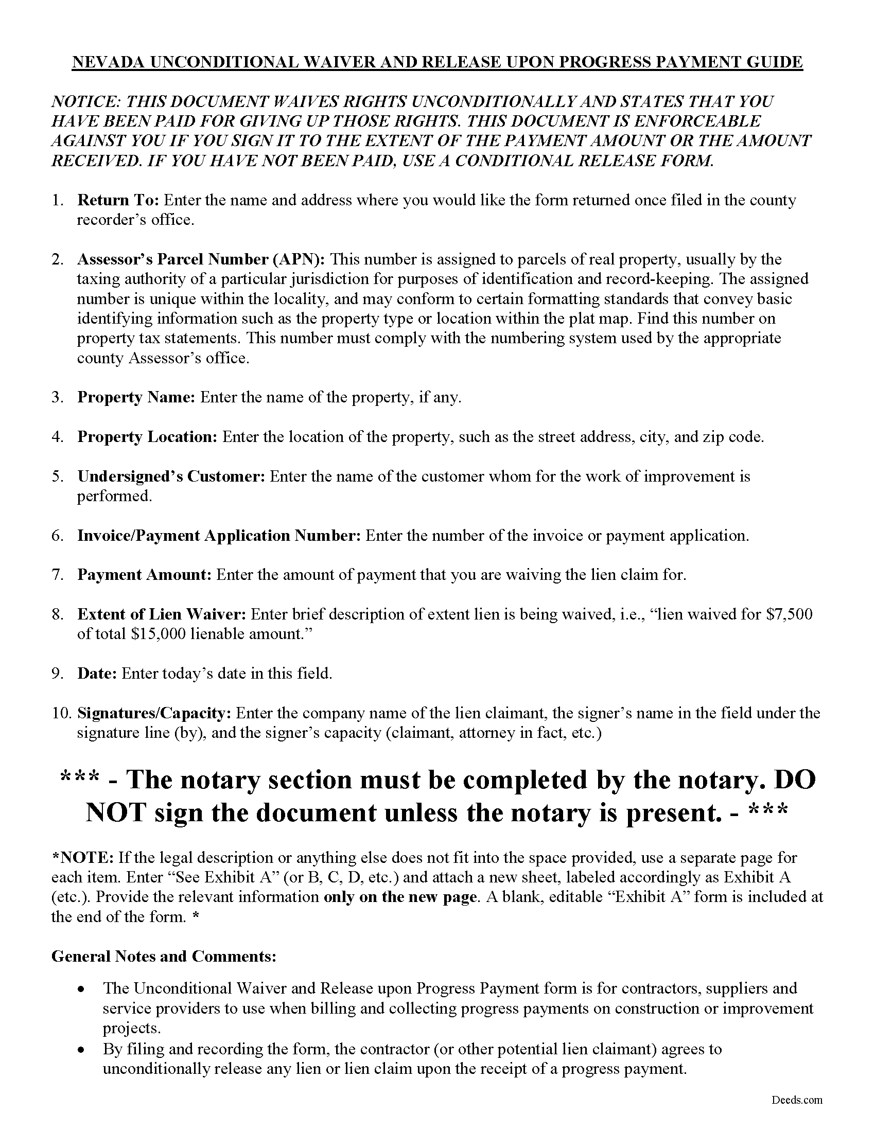 Nye County Unconditional Waiver upon Progress Guide