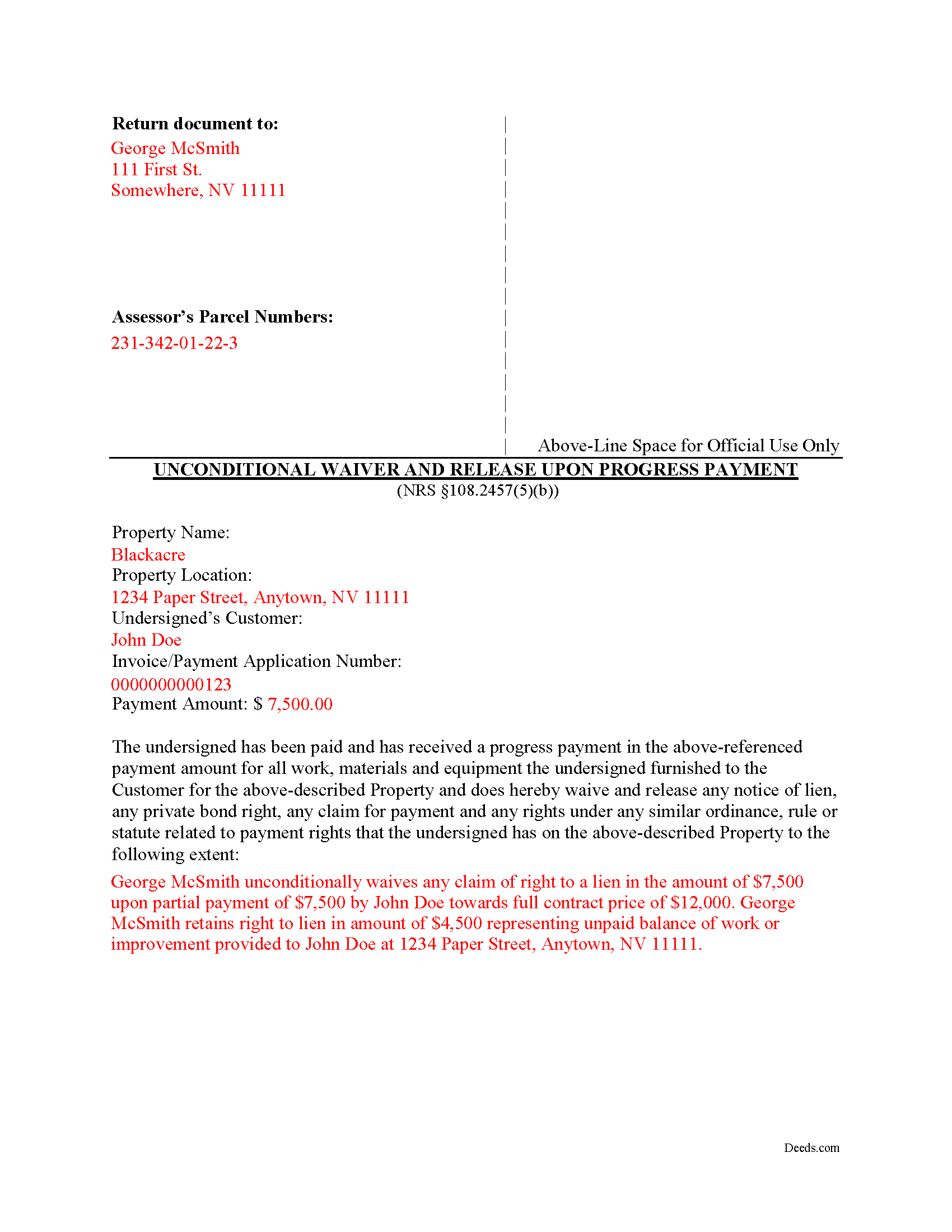 Nye County Completed Example of the Unconditional Waiver upon Progress Document