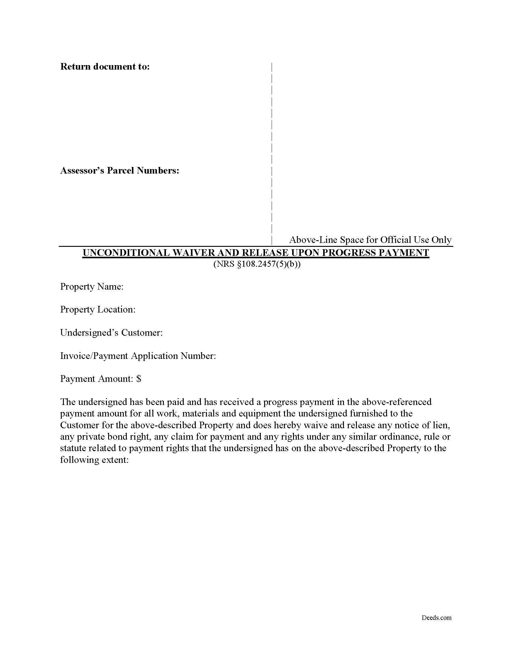 Nye County Unconditional Waiver upon Progress Form