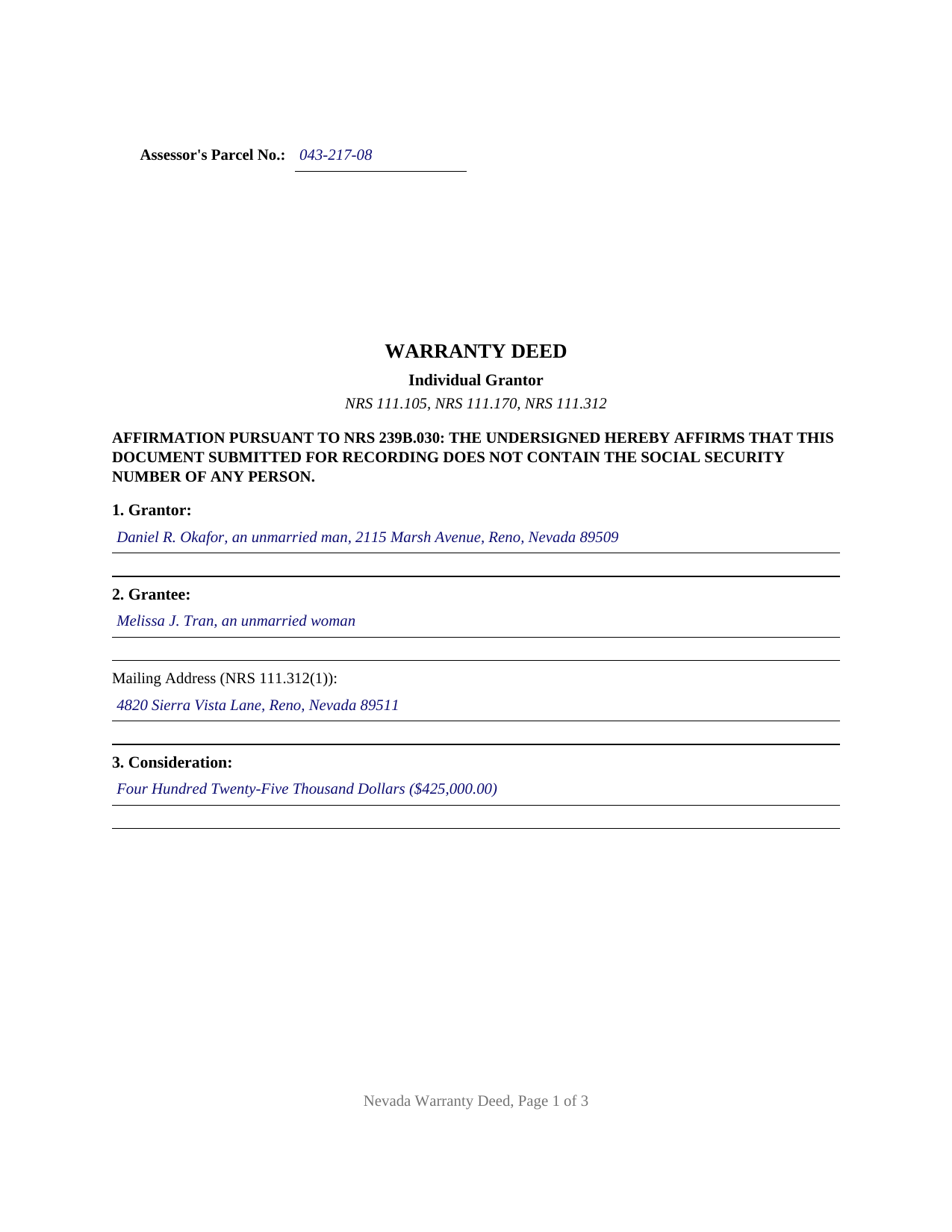 Mineral County Completed Example of the Warranty Deed (Individual Grantor) Document
