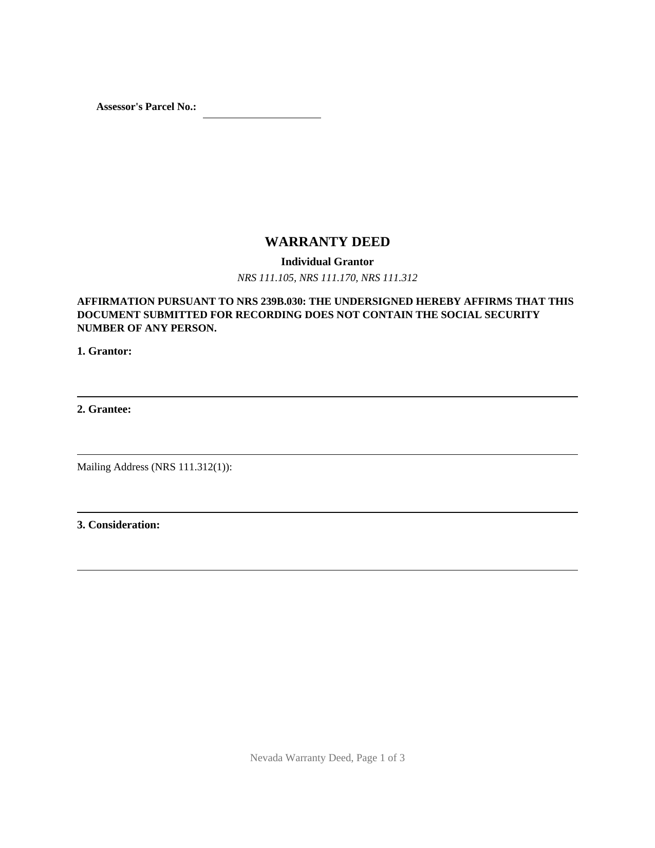 Mineral County Warranty Deed (Individual Grantor) Form