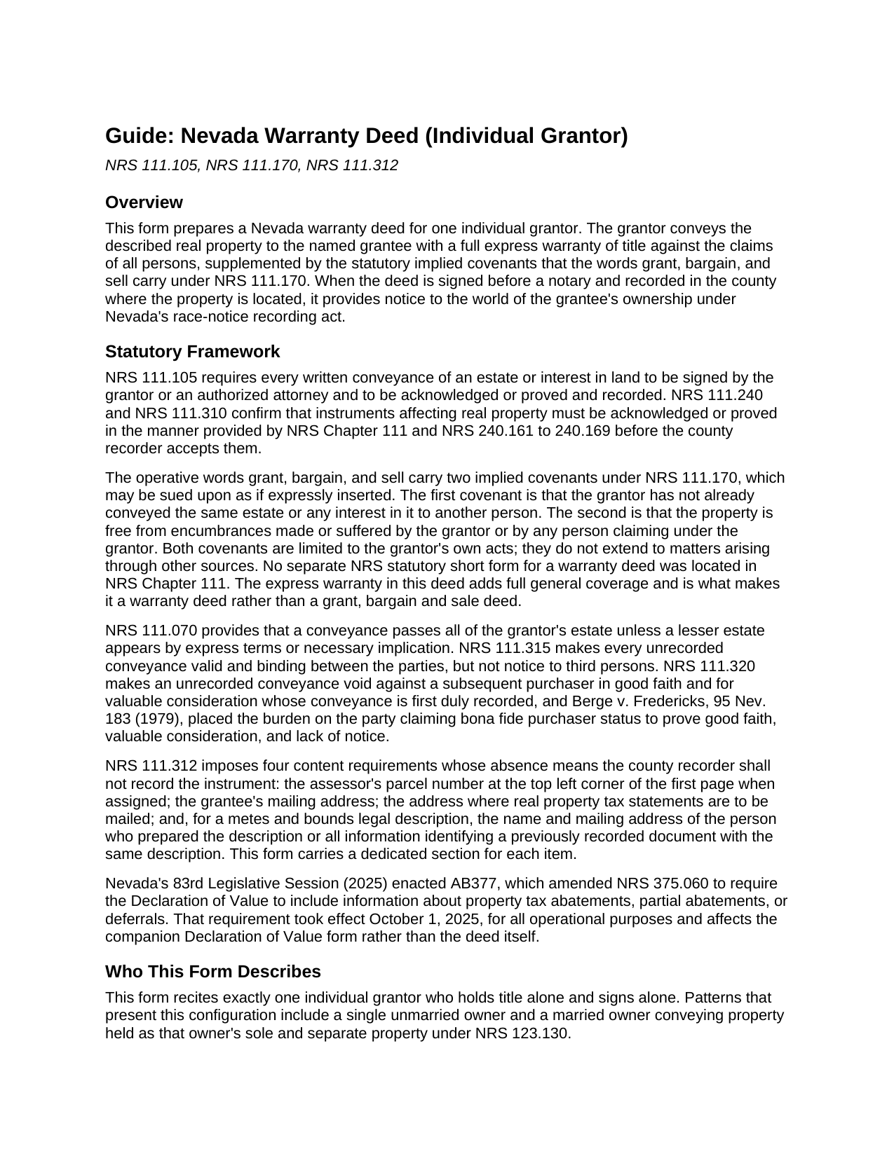 Mineral County Warranty Deed (Individual Grantor) Guide