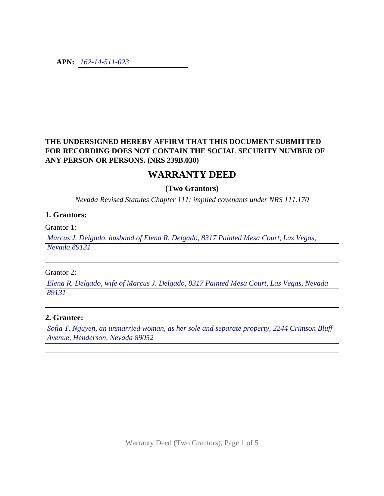 Esmeralda County Completed Example of the Warranty Deed (Two Grantors) Document