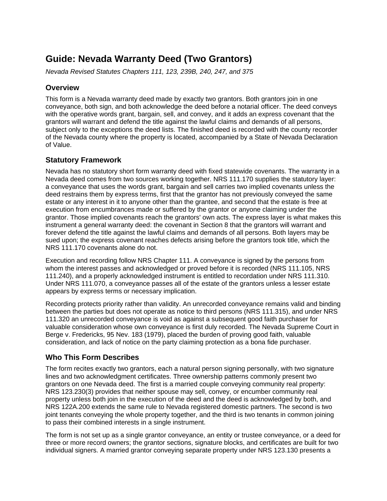 Esmeralda County Warranty Deed (Two Grantors) Guide