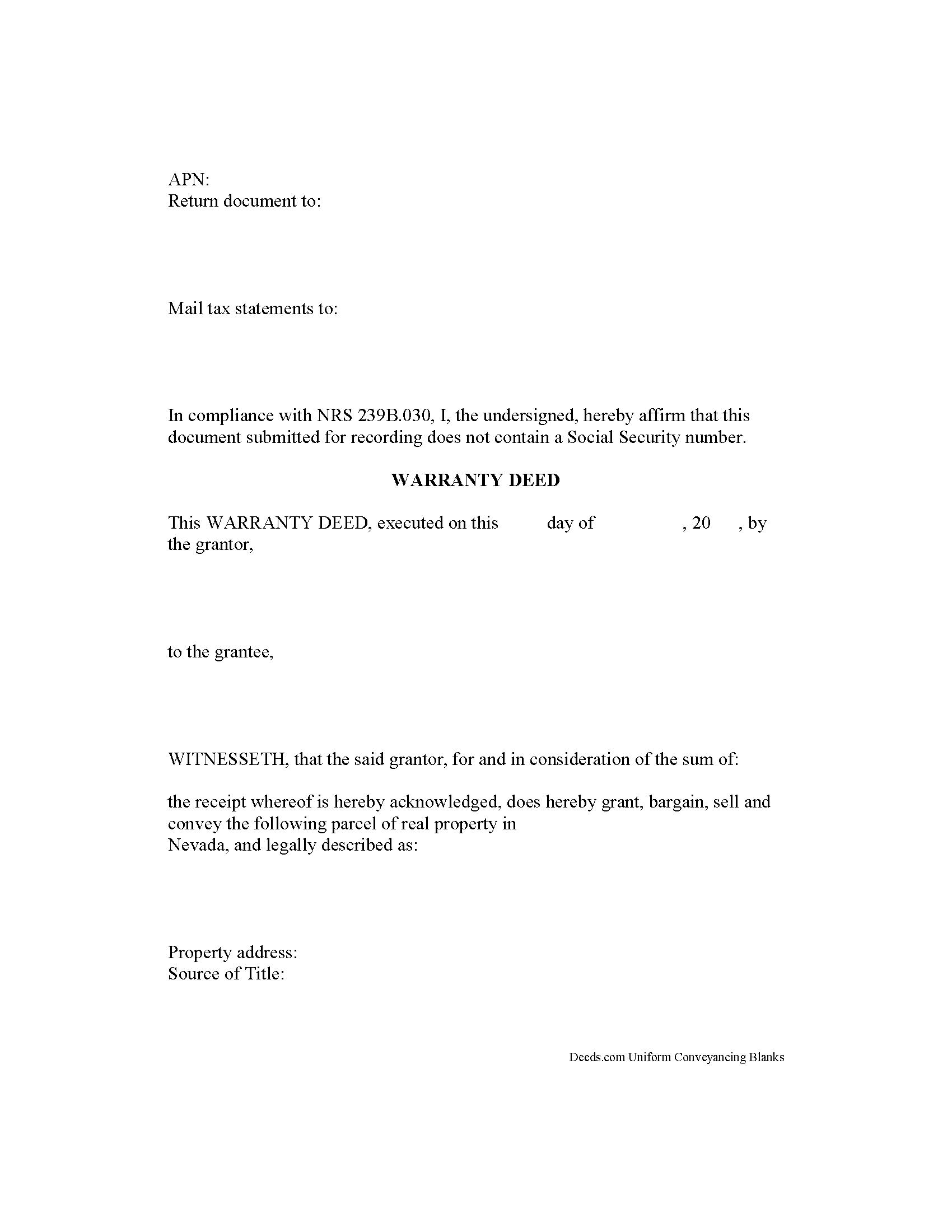 Nye County Warranty Deed Form