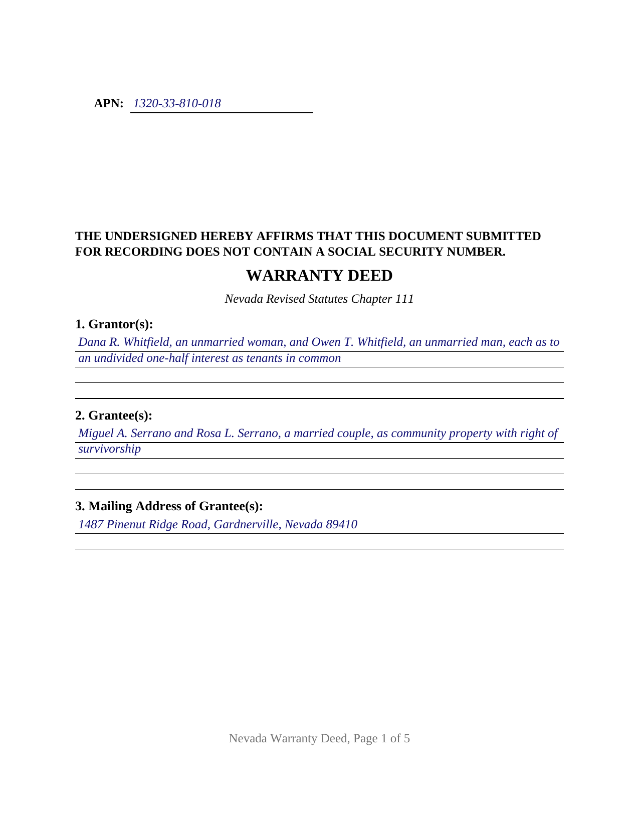 Storey County Completed Example of the Warranty Deed Document