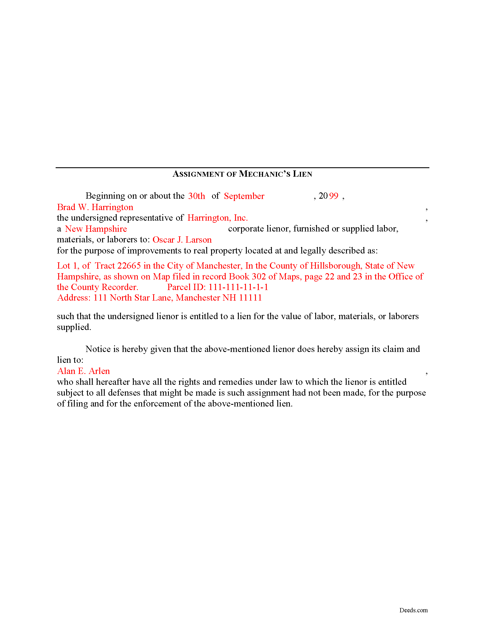 Completed Example of the Assignment of Mechanics Lien Document