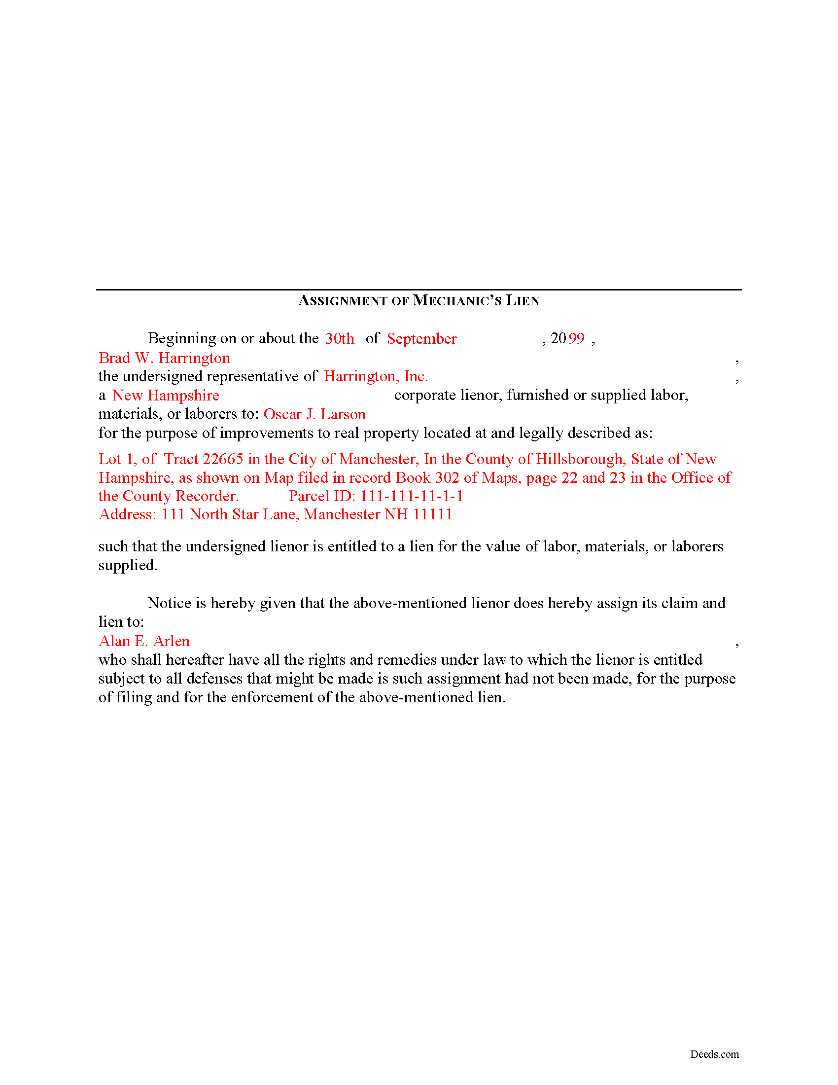 Merrimack County Completed Example of the Assignment of Mechanics Lien Document
