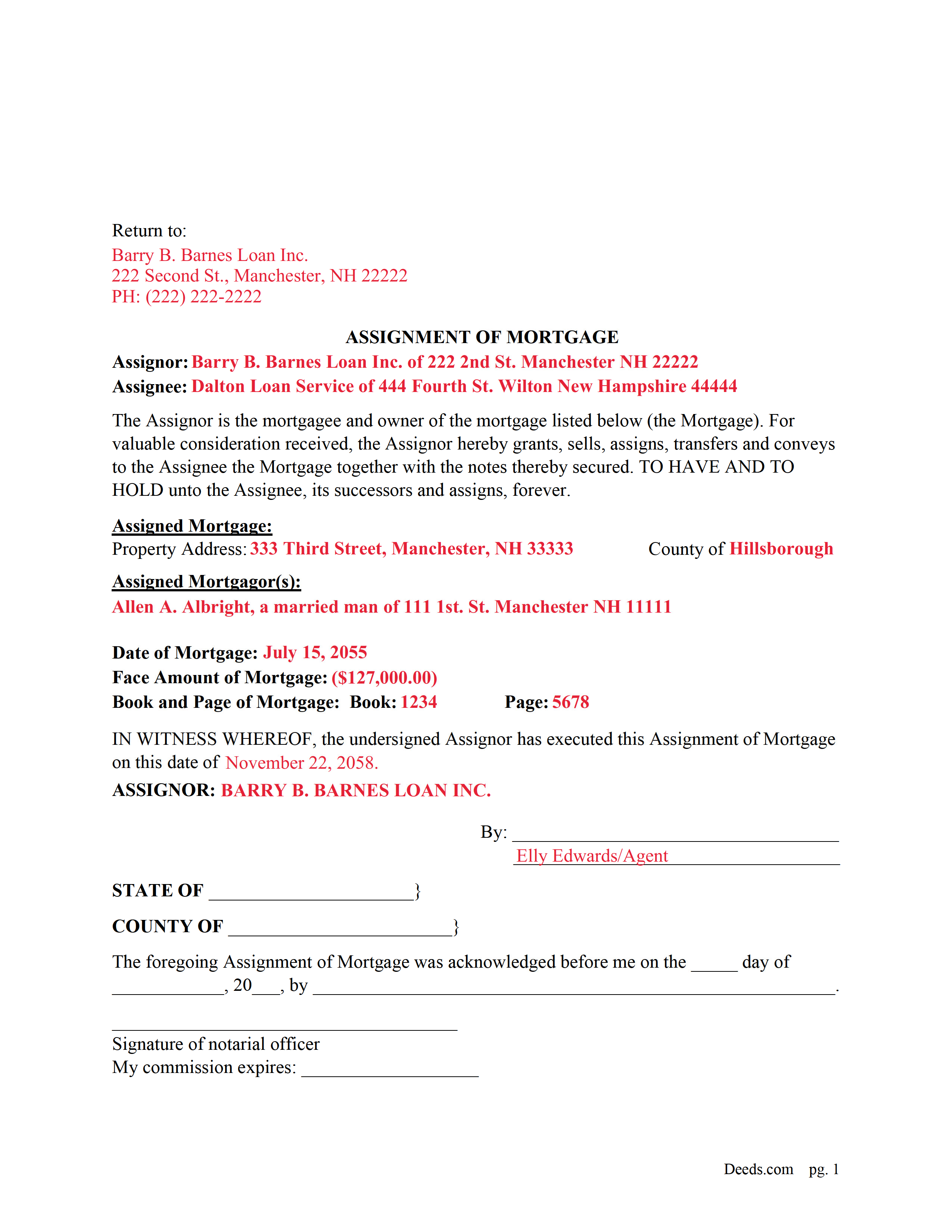 Merrimack County Completed Example of the Assignment of Mortgage Document