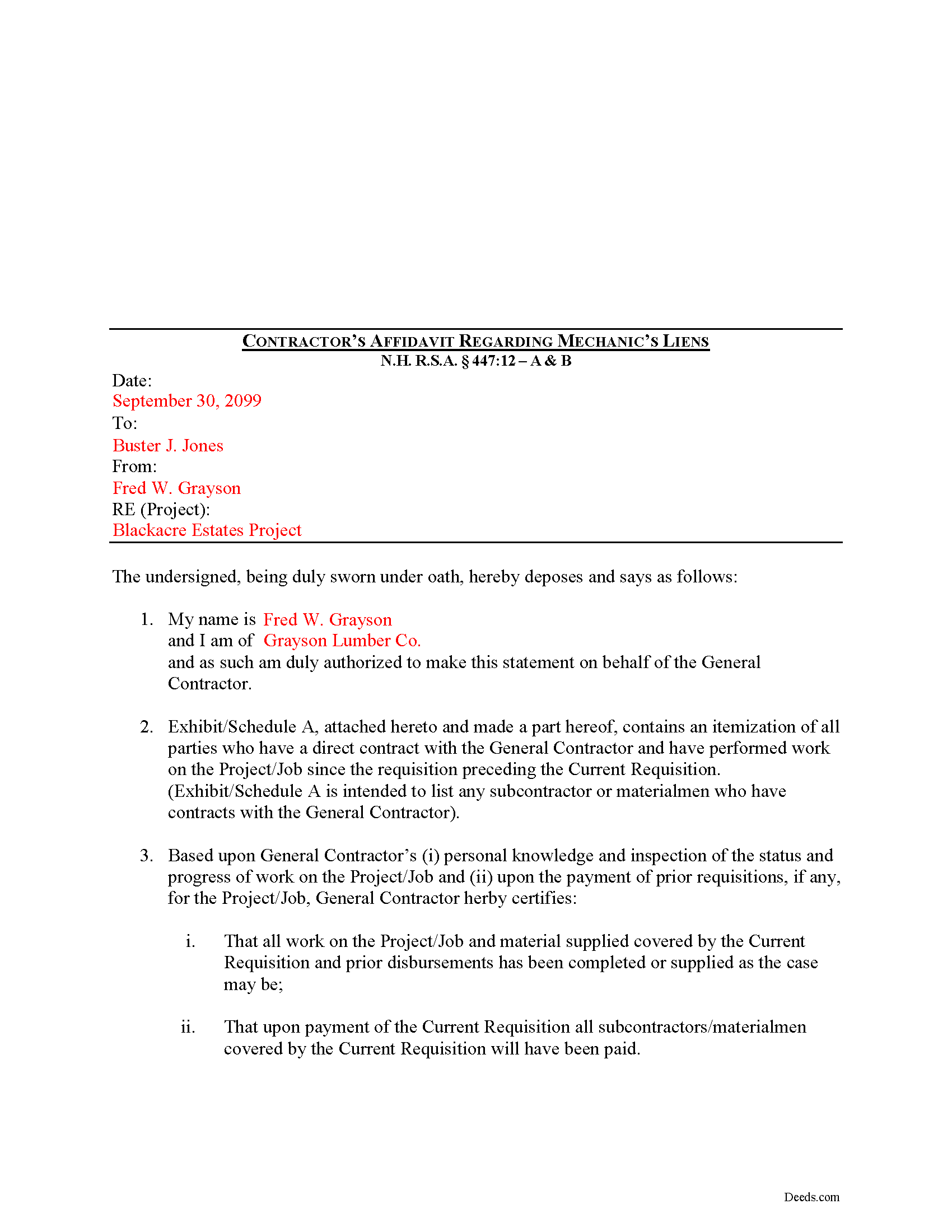 Completed Example of the Contractor Affidavit Document