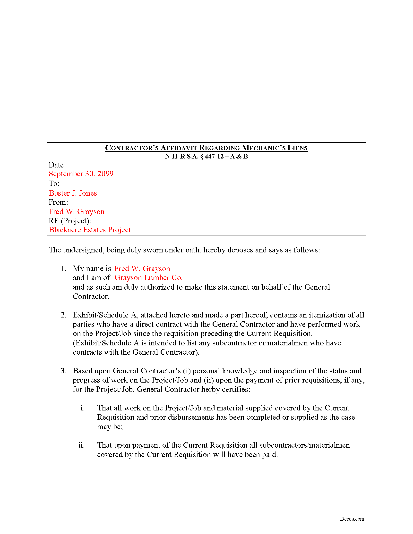 Merrimack County Completed Example of the Contractor Affidavit Document