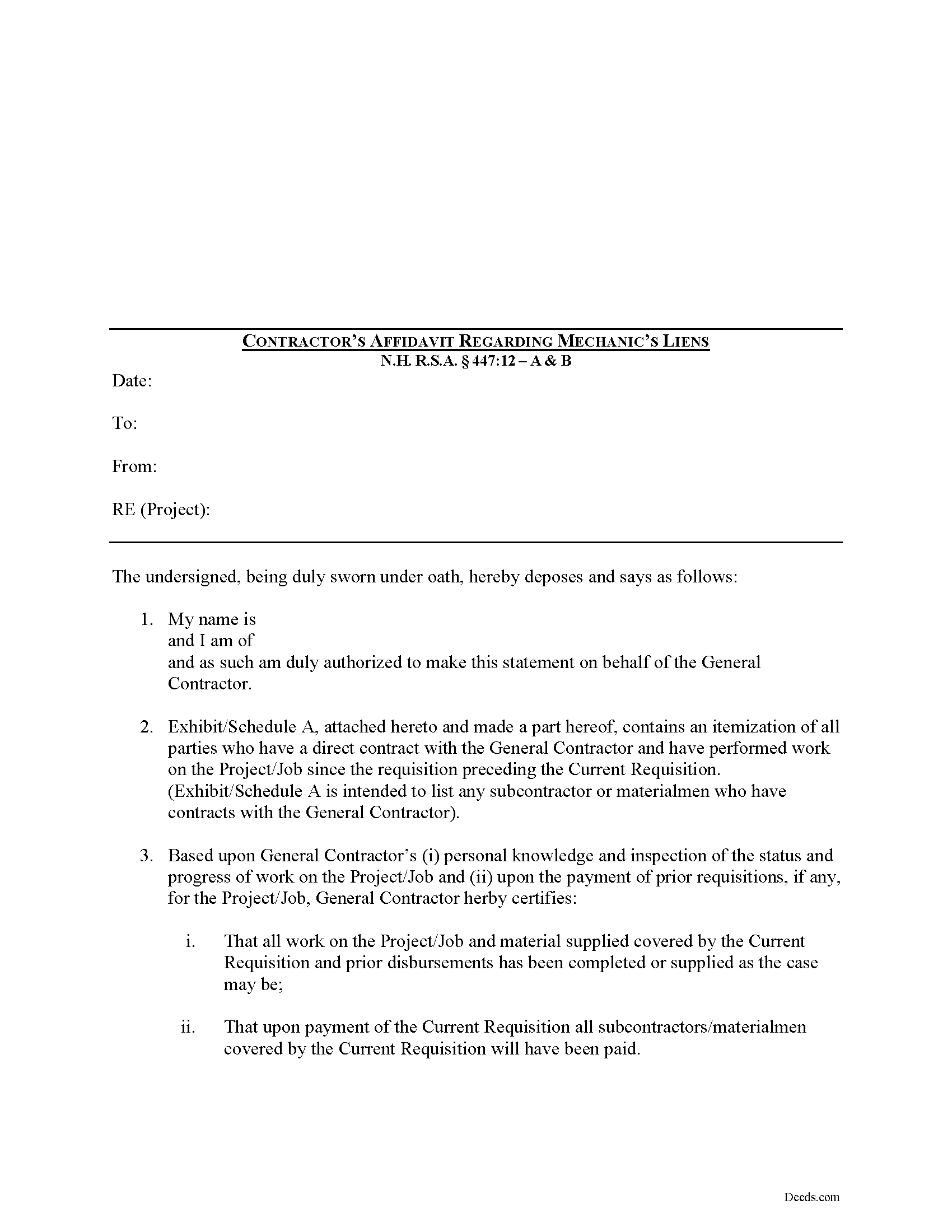 Merrimack County Contractor Affidavit Form