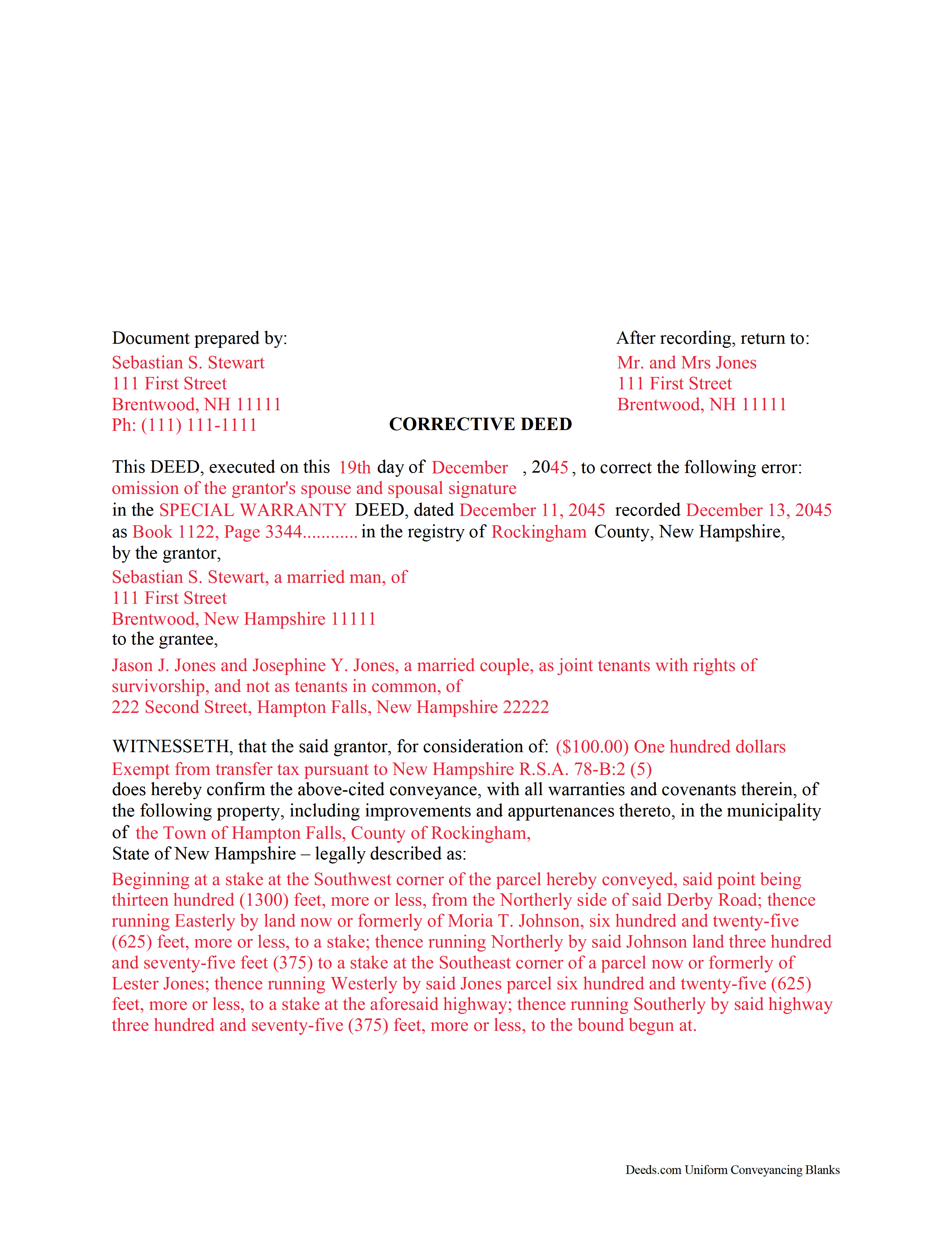 Merrimack County Completed Example of the Correction Deed Document
