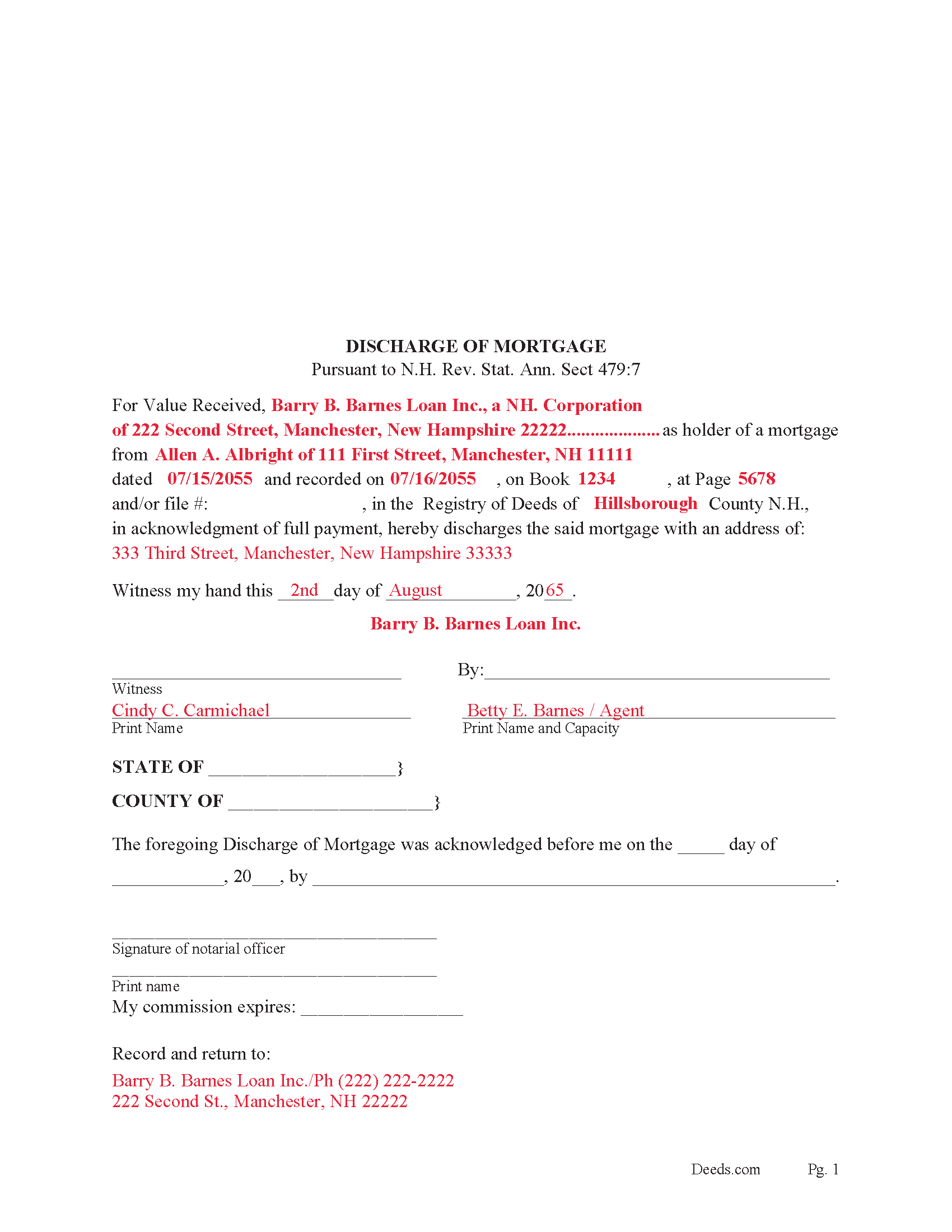Merrimack County Completed Example of the Discharge of Mortgage Document