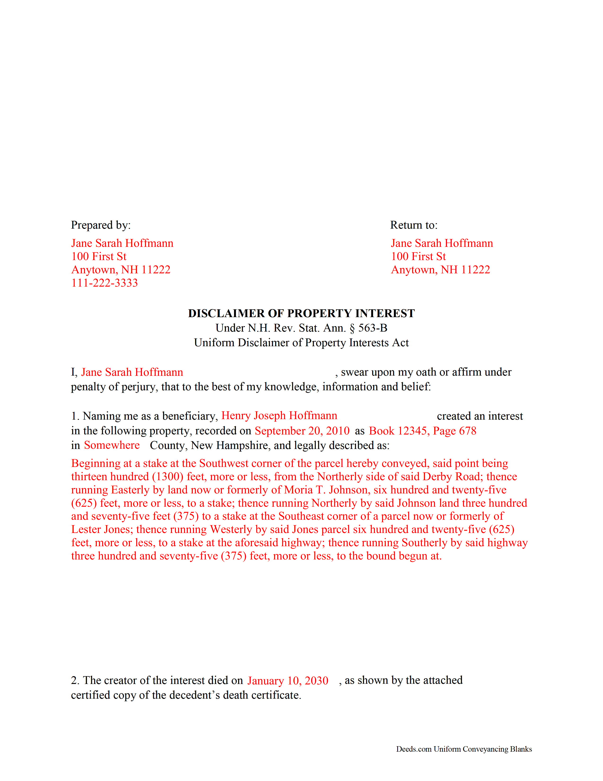 Merrimack County Completed Example of the Disclaimer of Interest Document