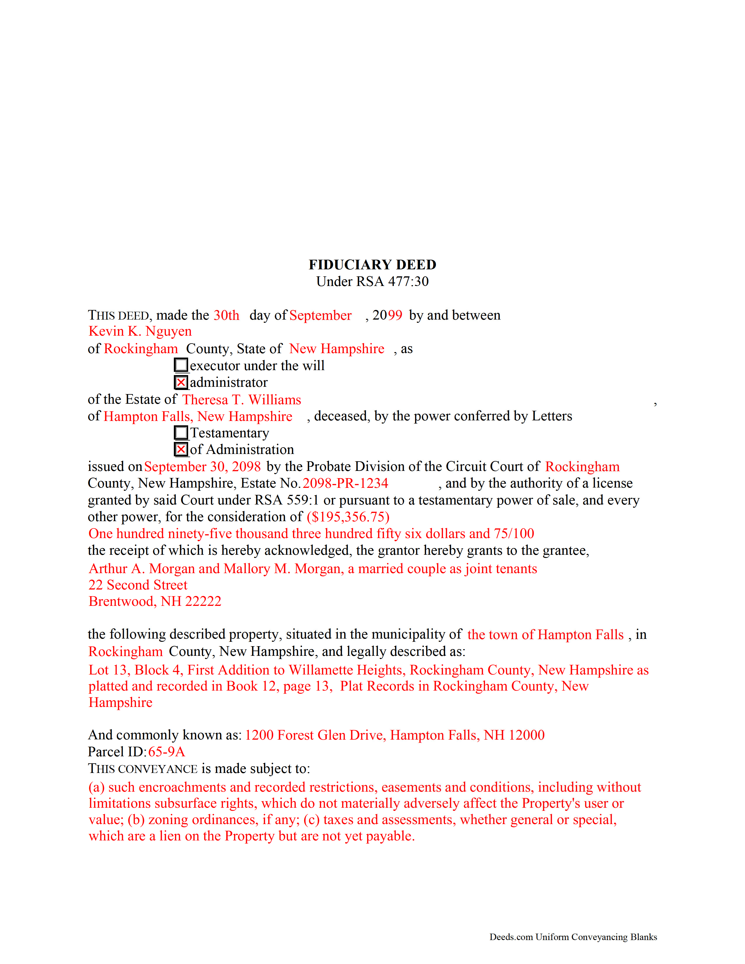 Coos County Completed Example of the Fiduciary Deed Document