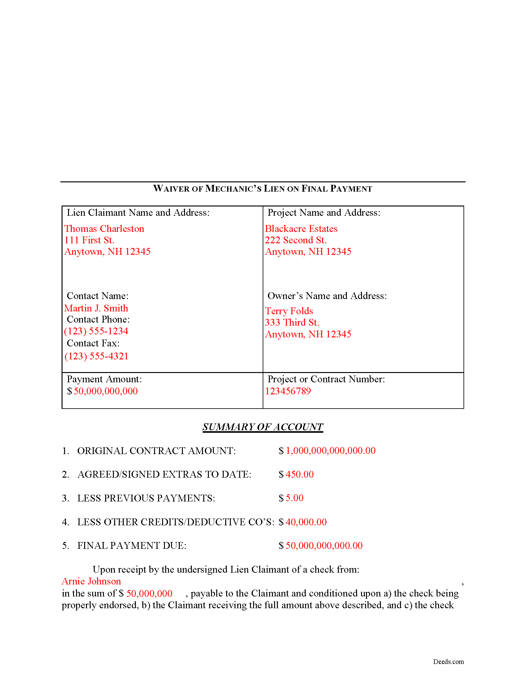 Completed Example of the Final Lien Waiver Document