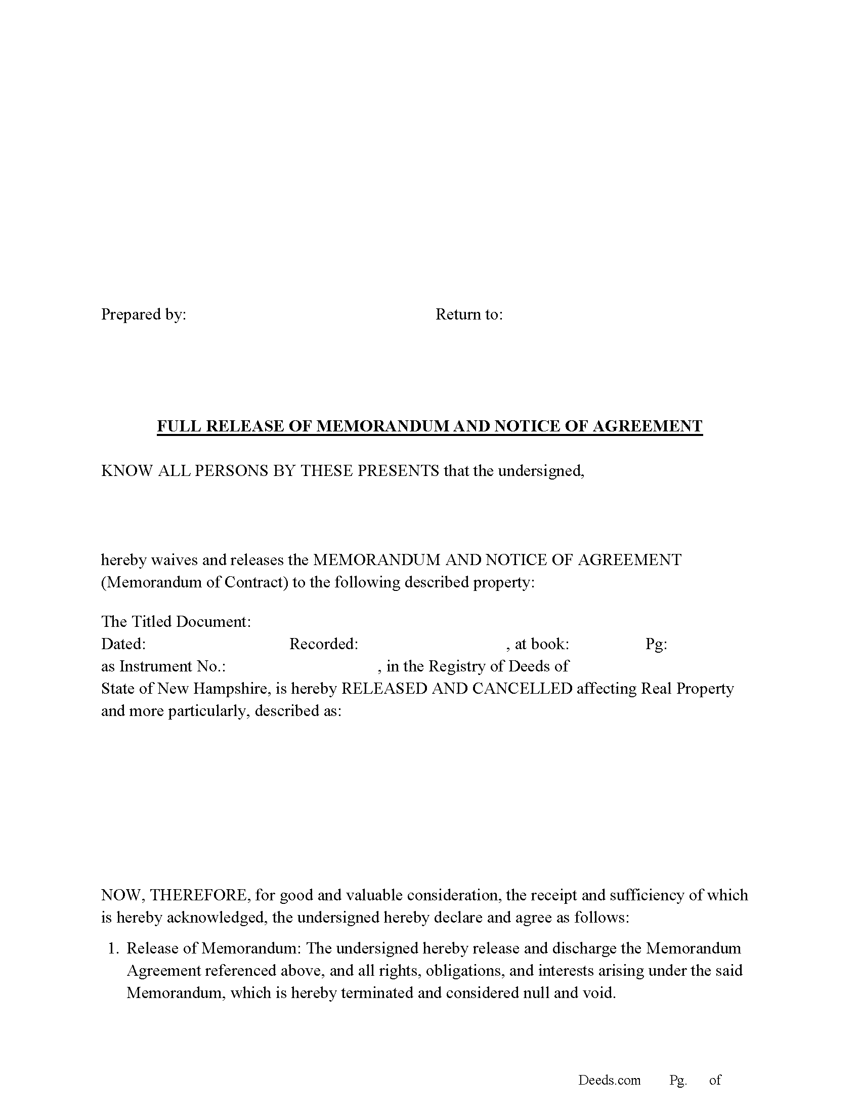 Rockingham County Full Release of Memorandum and Notice of Agreement Form