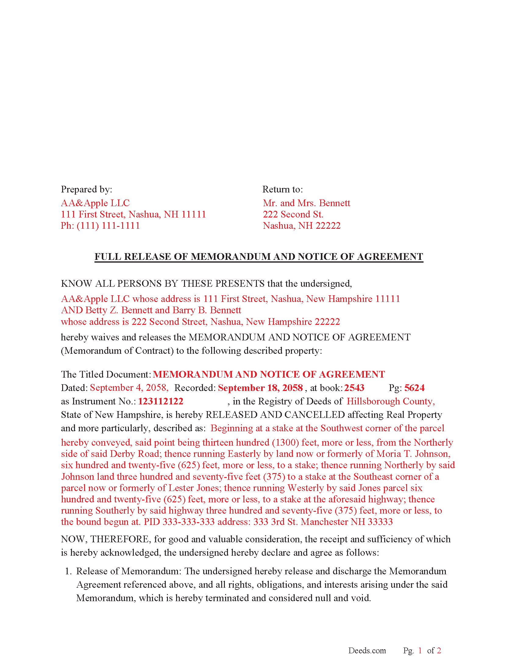 Rockingham County Completed Example of the Full Release of Memorandum and Notice of Agreement Document