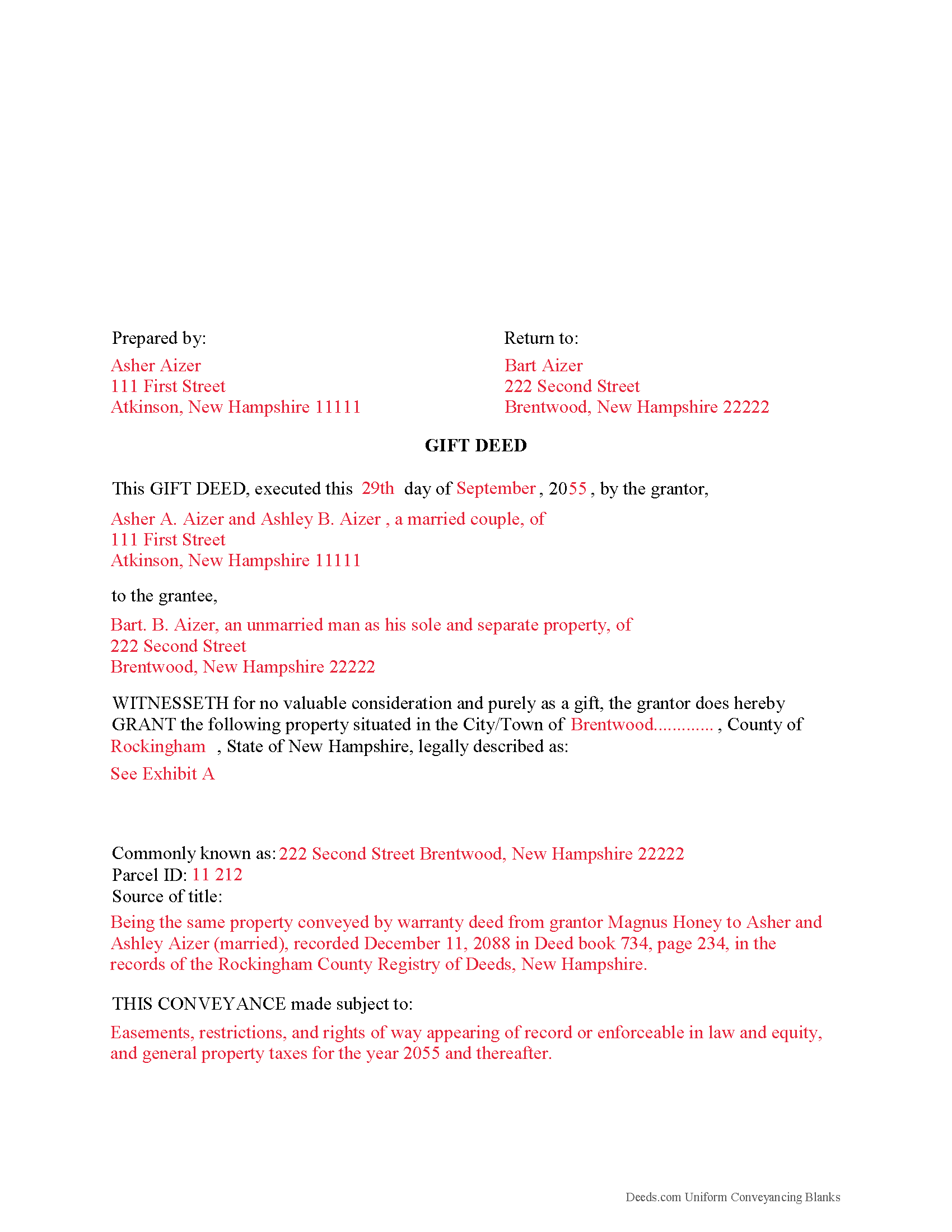 Merrimack County Completed Example of the Gift Deed Document