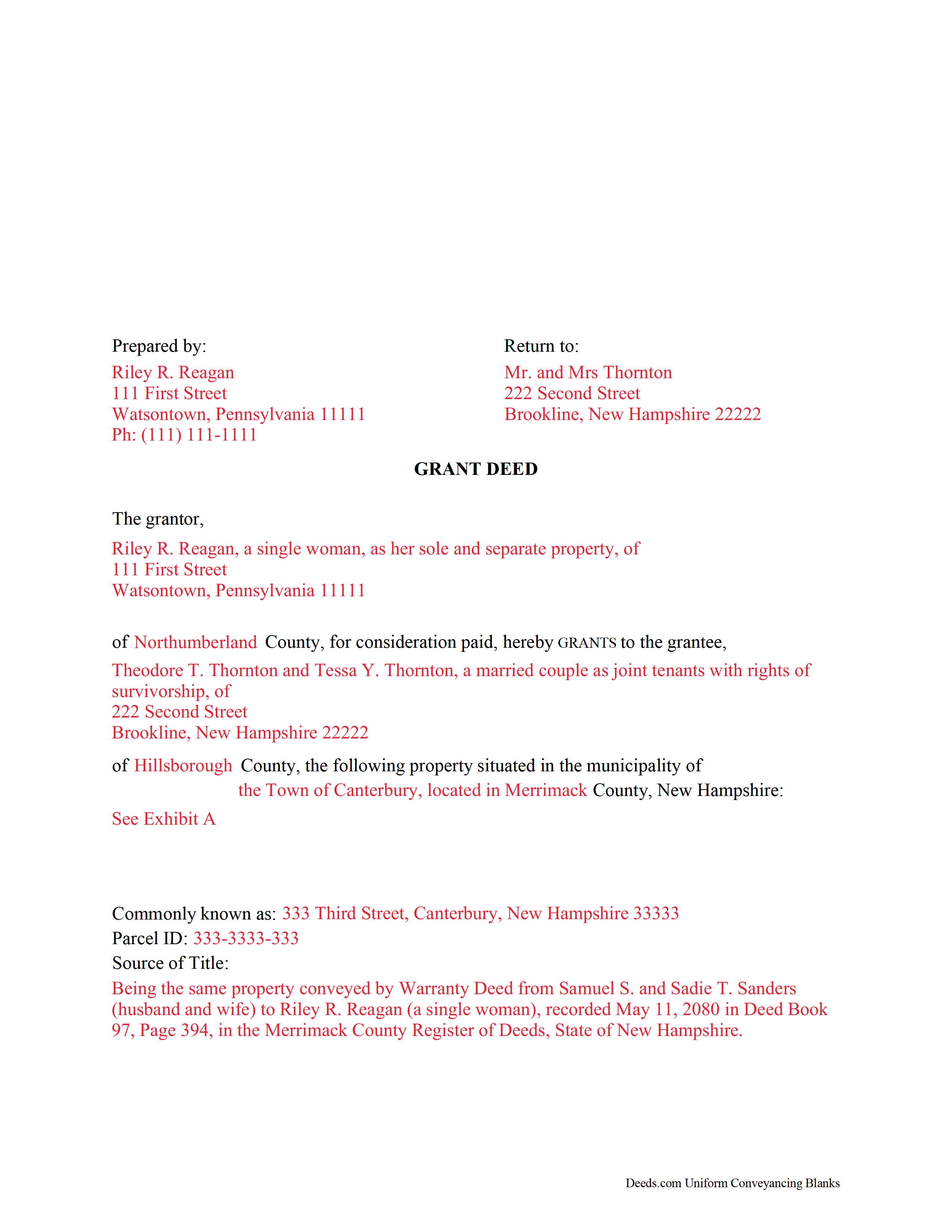 Merrimack County Completed Example of the Grant Deed Document