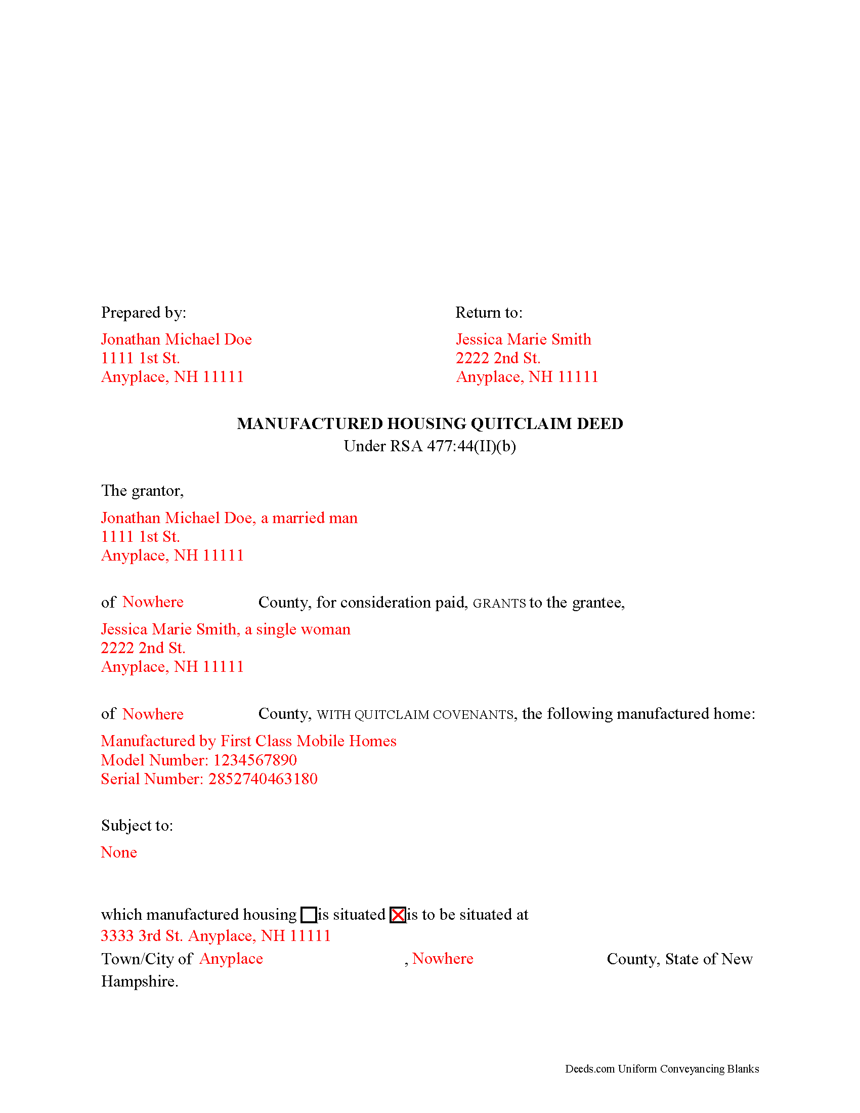 Completed Example of the Manufactured Housing Quit Claim Deed Document