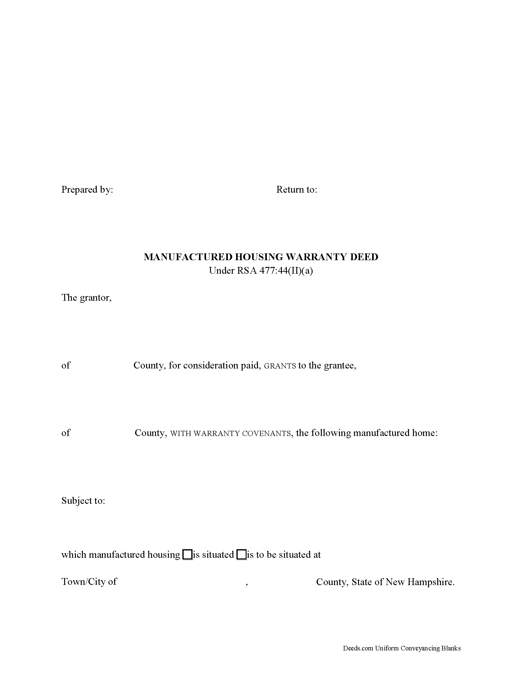 Merrimack County Manufactured Housing Warranty Deed Form