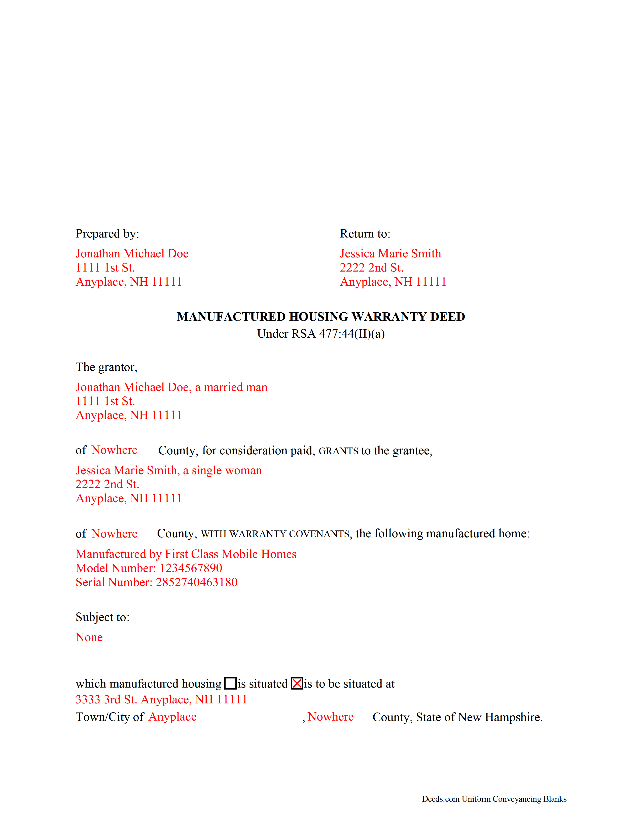 Merrimack County Completed Example of the Manufactured Housing Warranty Deed Document