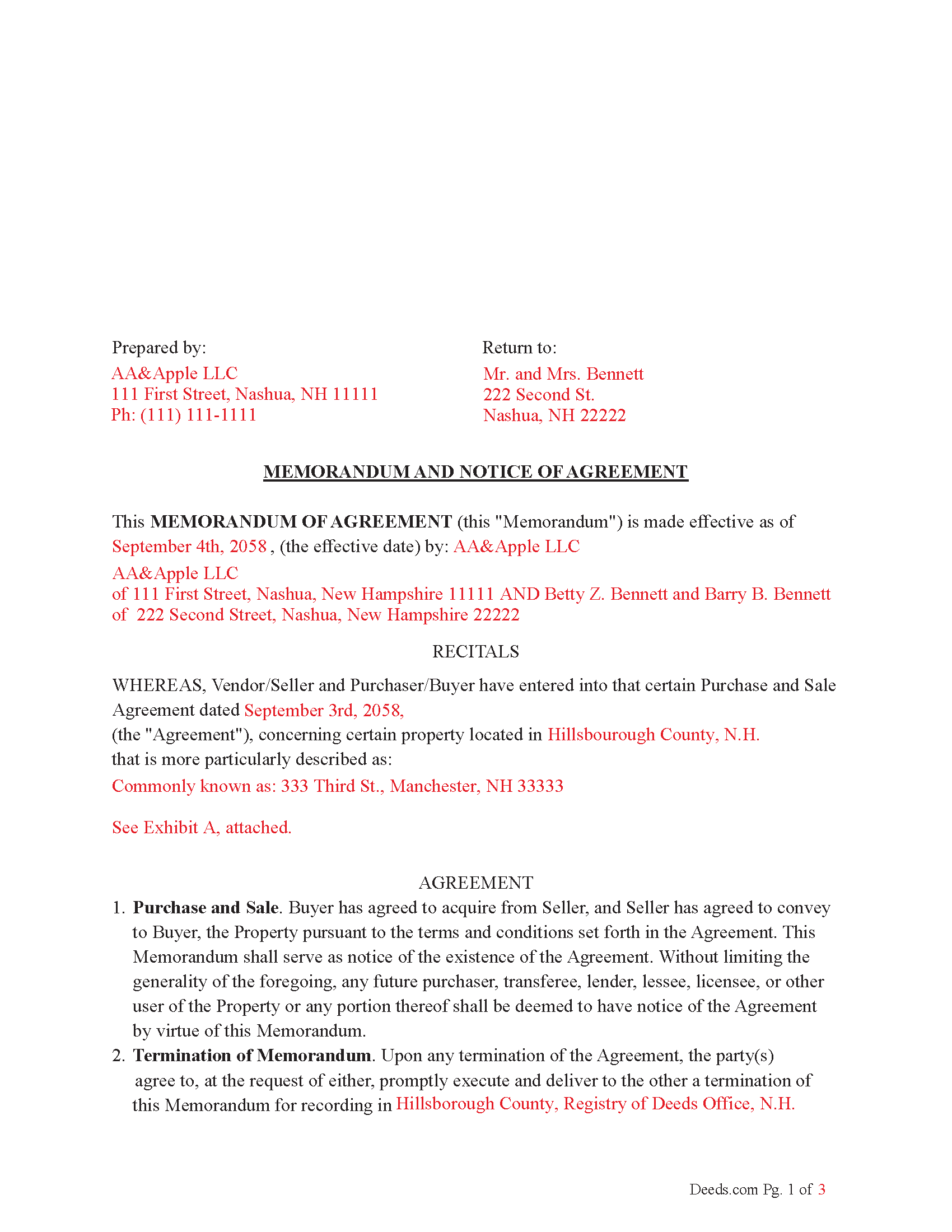Merrimack County Completed Example of the Memorandum and Notice of Agreement Document