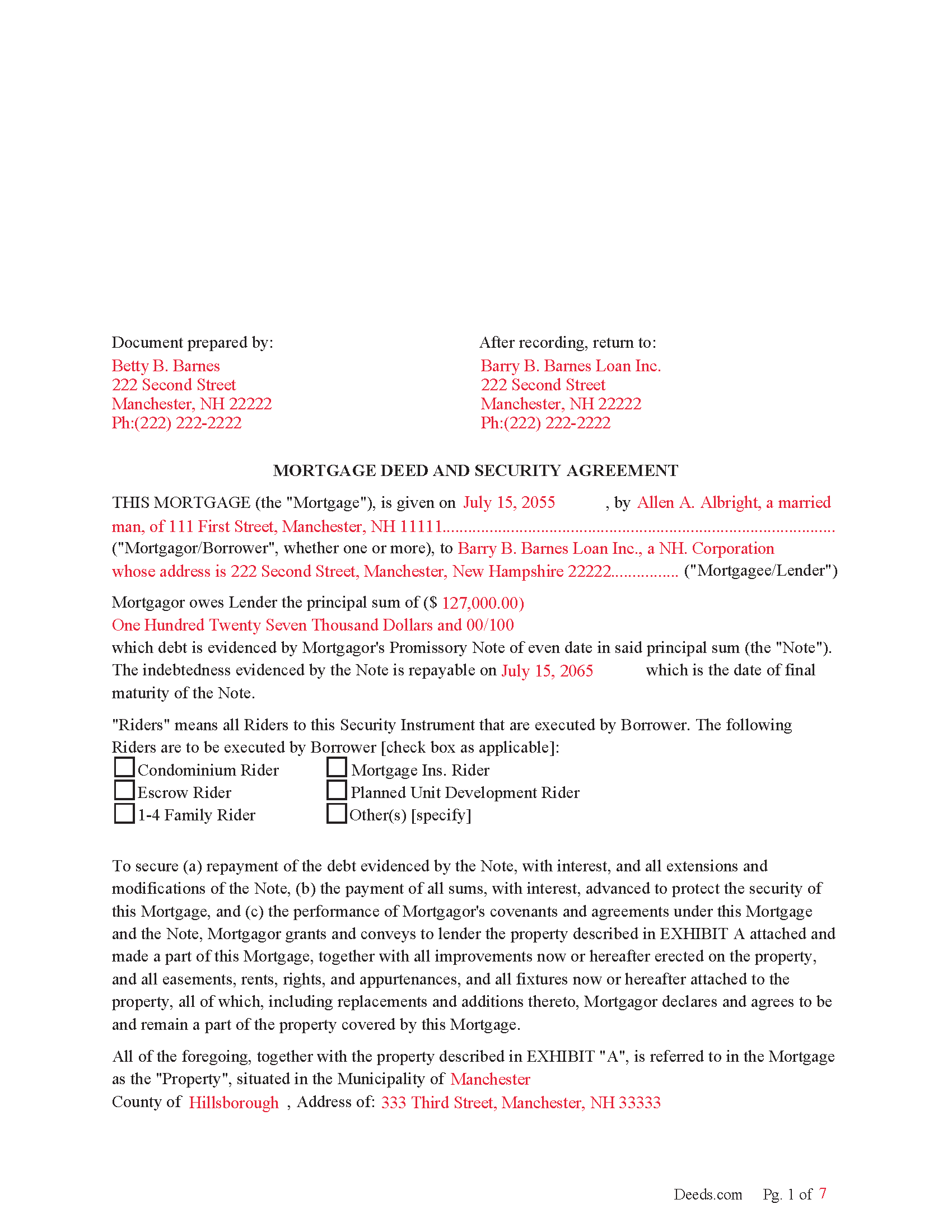 Completed Example of the Mortgage Deed Document
