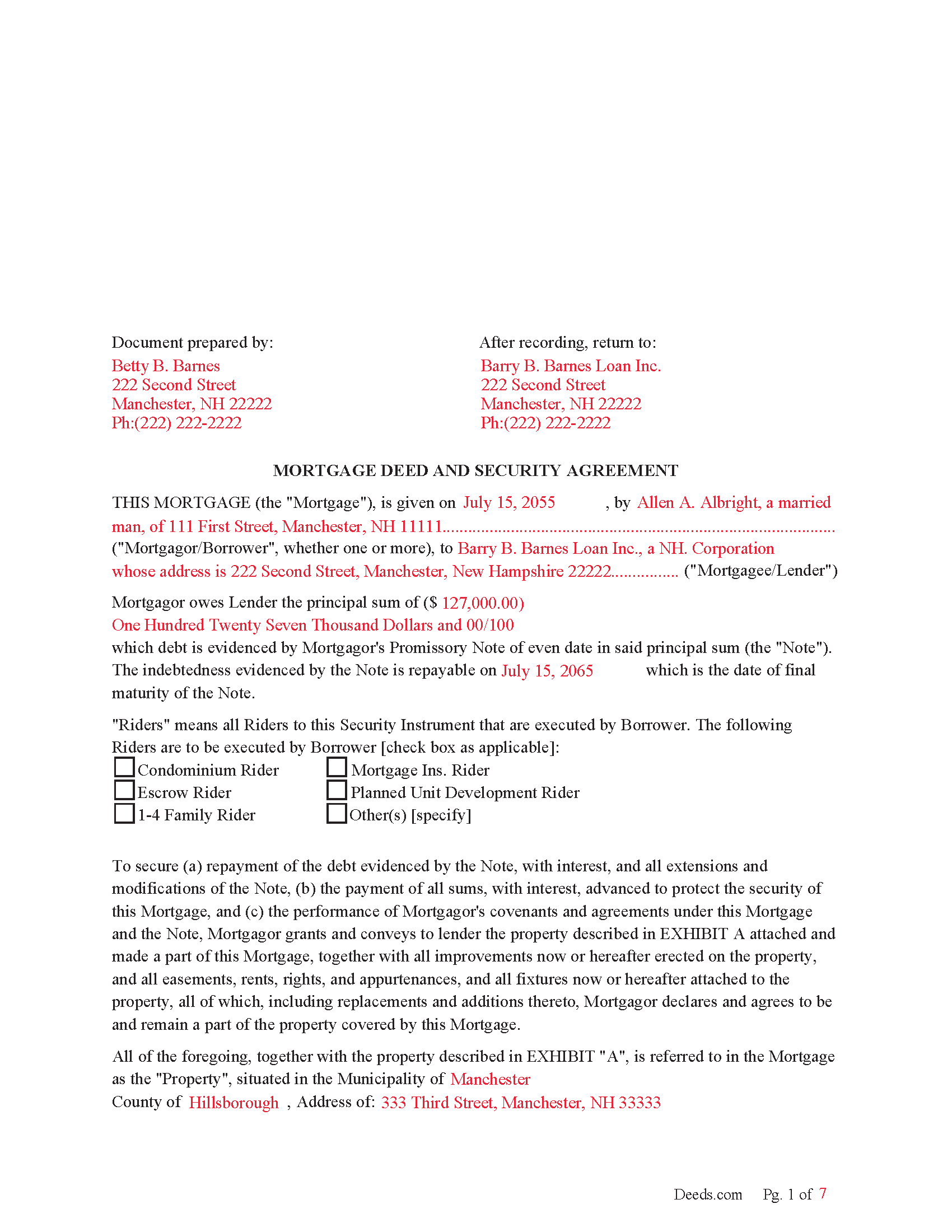 Merrimack County Completed Example of the Mortgage Deed Document