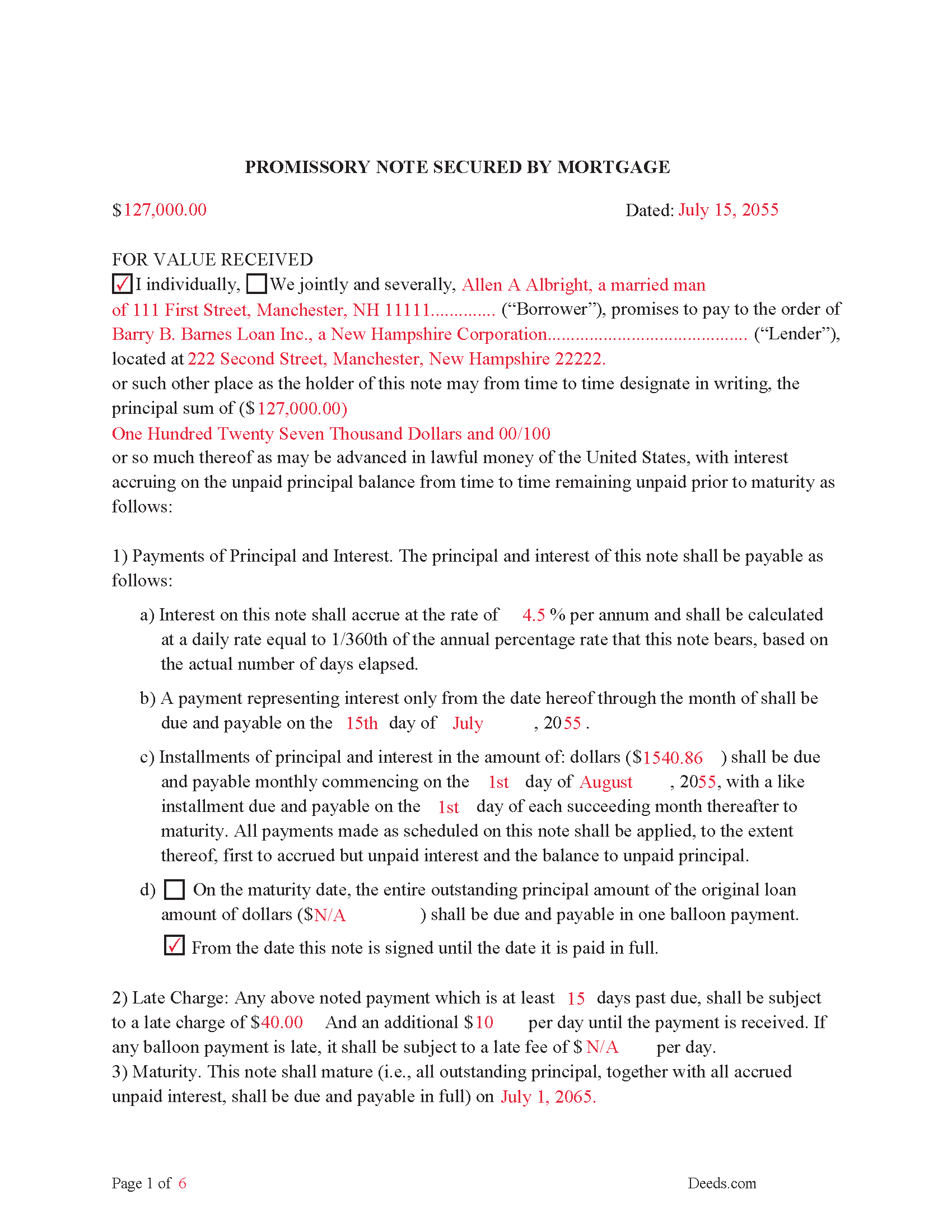 Completed Example of the Promissory Note Document