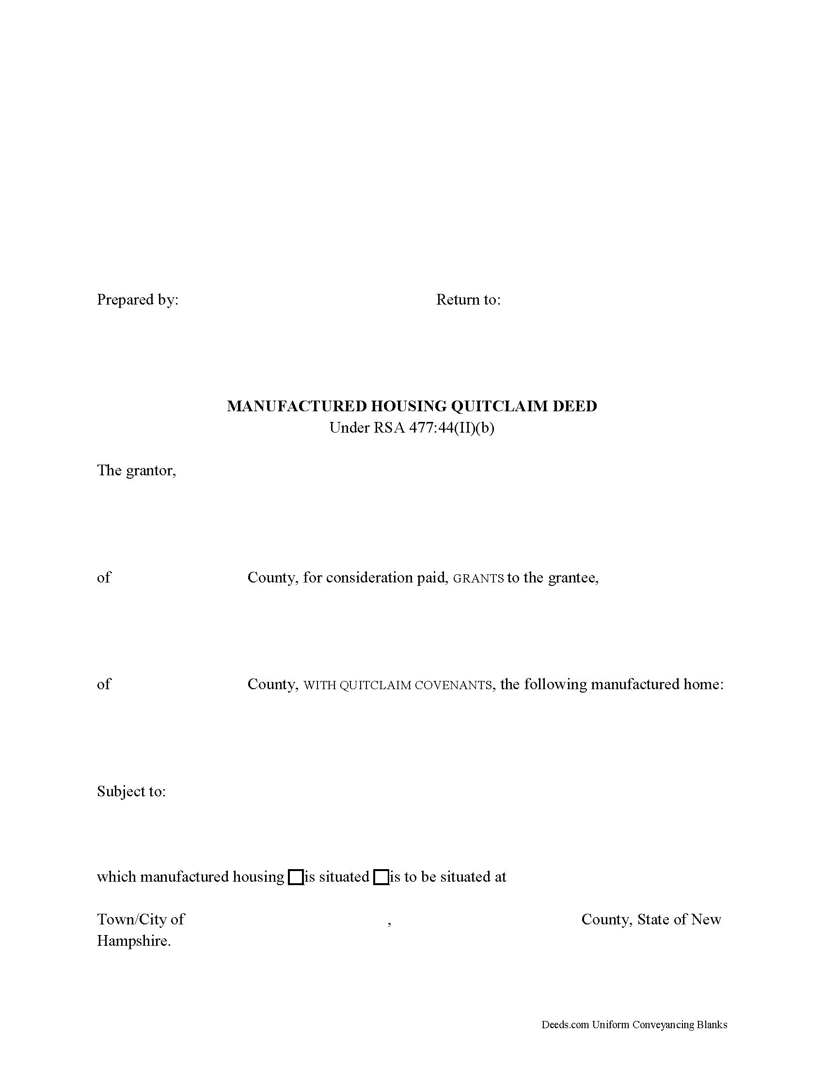New Hampshire Manufactured Housing Quitclaim Deed Image