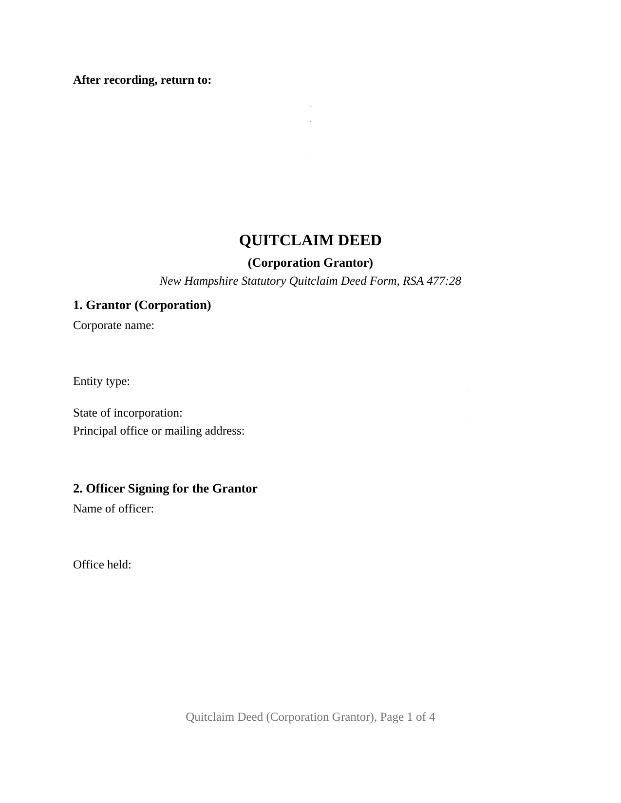New Hampshire Quitclaim Deed (Corporation Grantor)