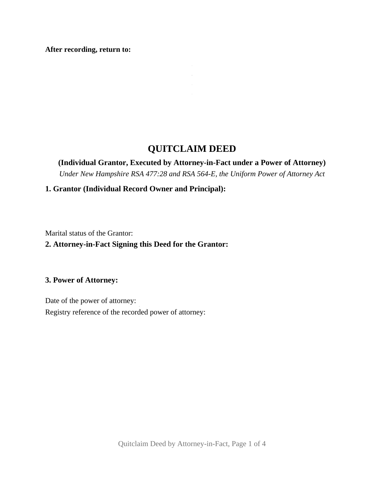 New Hampshire Quitclaim Deed (Individual Grantor by Attorney-in-Fact)