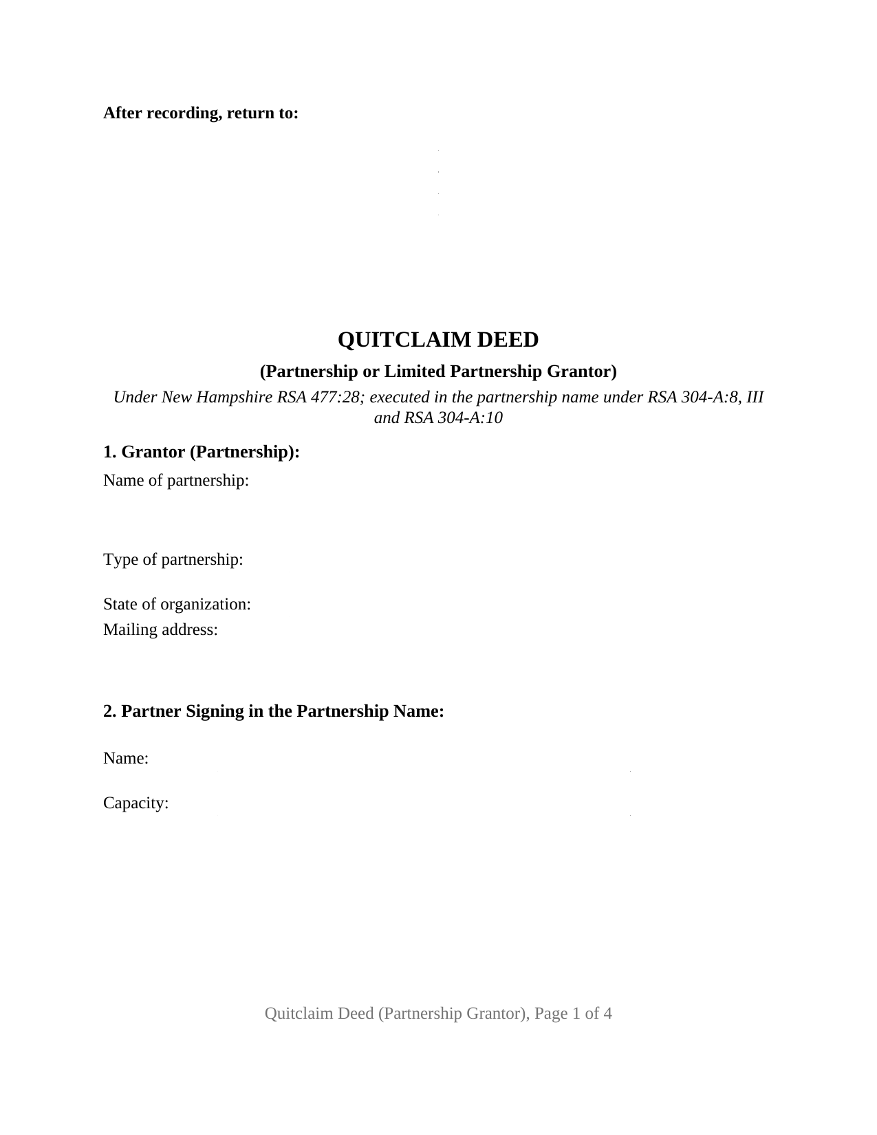 New Hampshire Quitclaim Deed (Partnership or Limited Partnership Grantor)