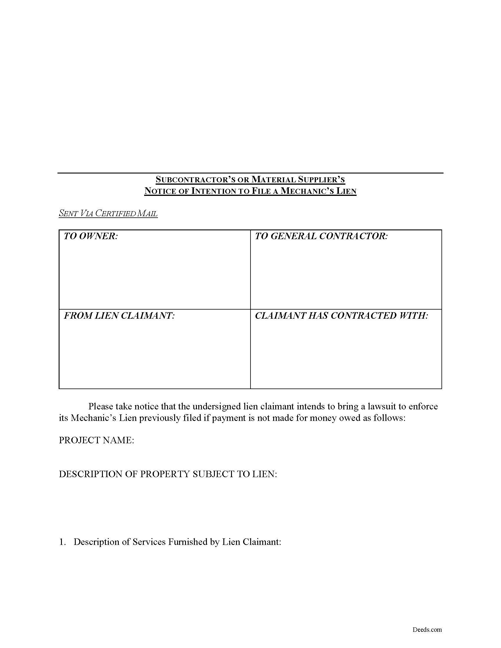 Merrimack County Notice of Intention to File a Mechanics Lien Form