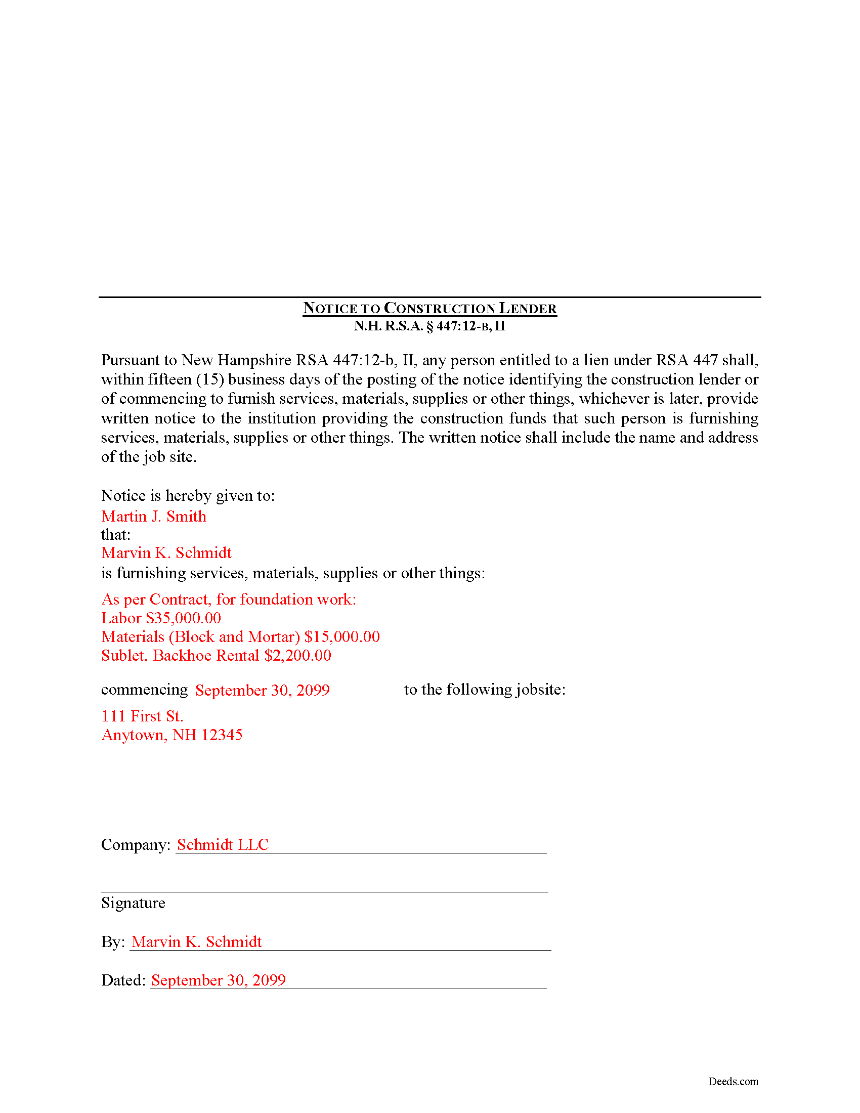 Merrimack County Completed Example of the Notice to Construction Lender Document