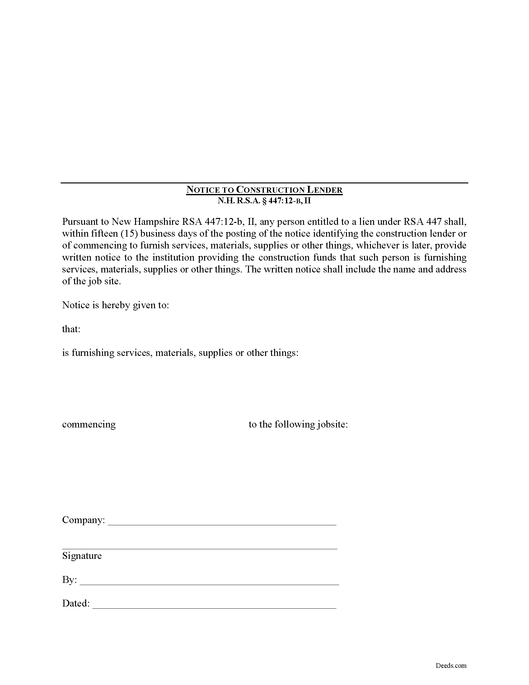 Merrimack County Notice to Construction Lender Form